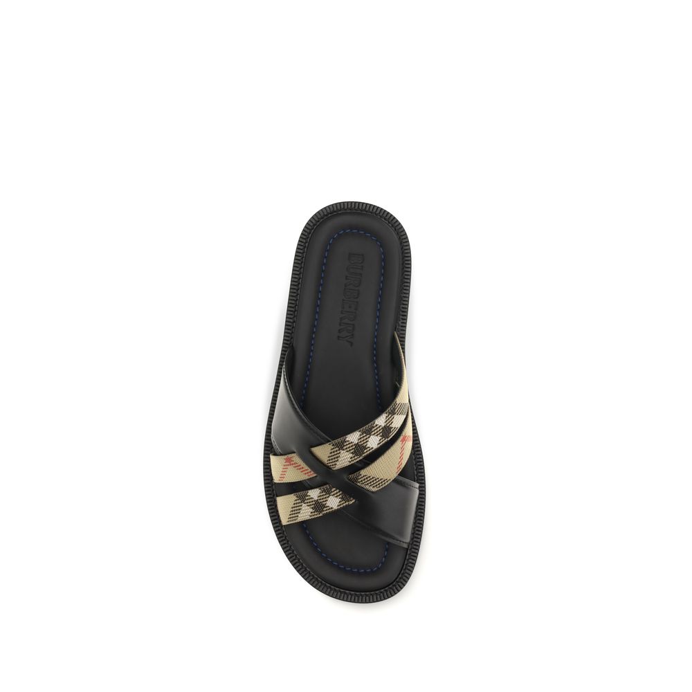 Burberry Black Calf Leather Bos Taurus Flat Sandals