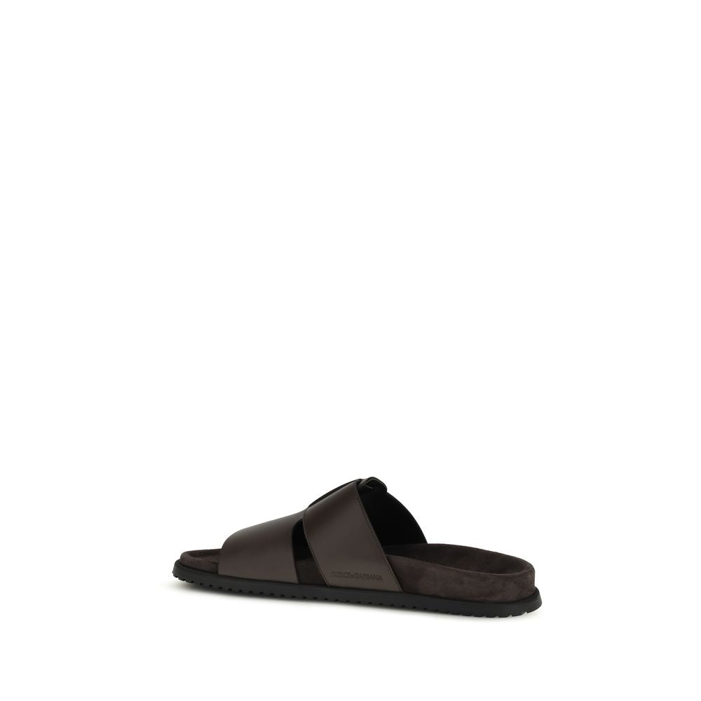 Dolce & Gabbana Brown Calf Leather Bos Taurus Flat Sandals