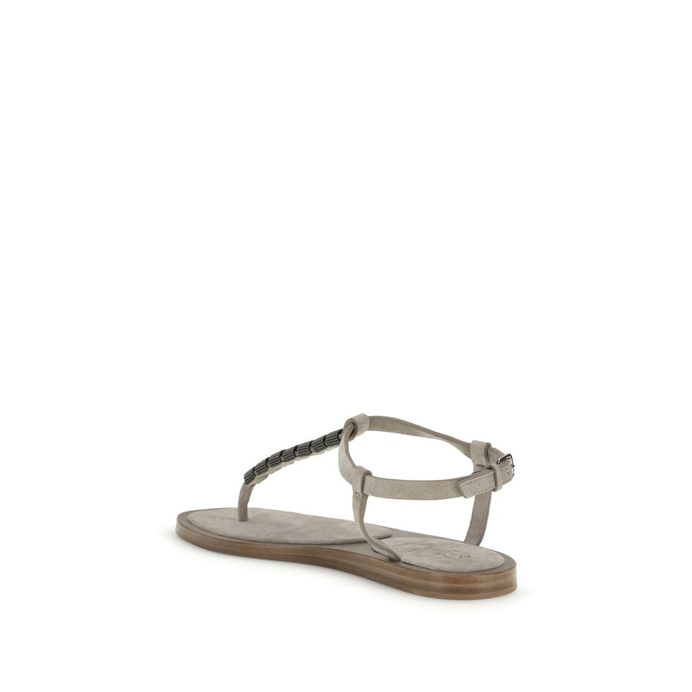 Brunello Cucinelli Beige Calf Leather Bos Taurus Flat Sandals