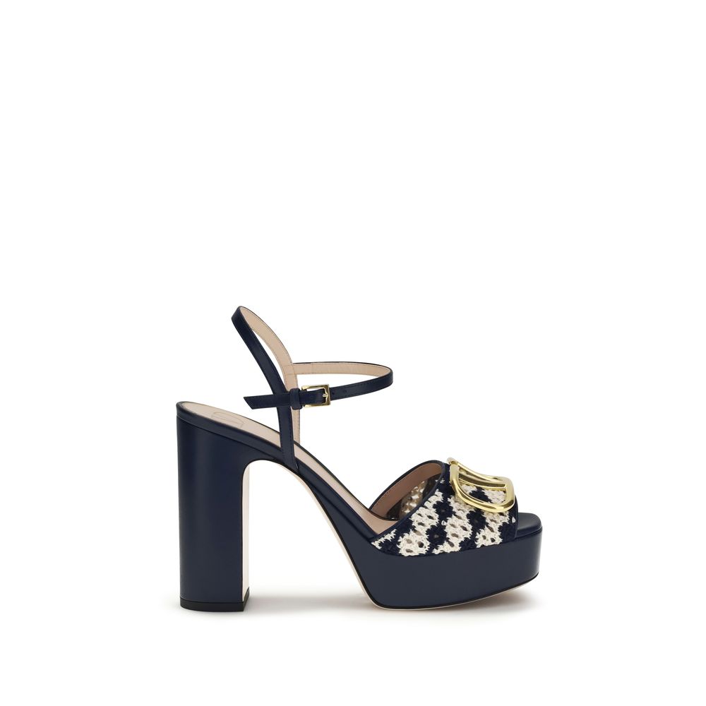 Valentino Garavani Blue Calf Leather Bos Taurus Platform Sandals