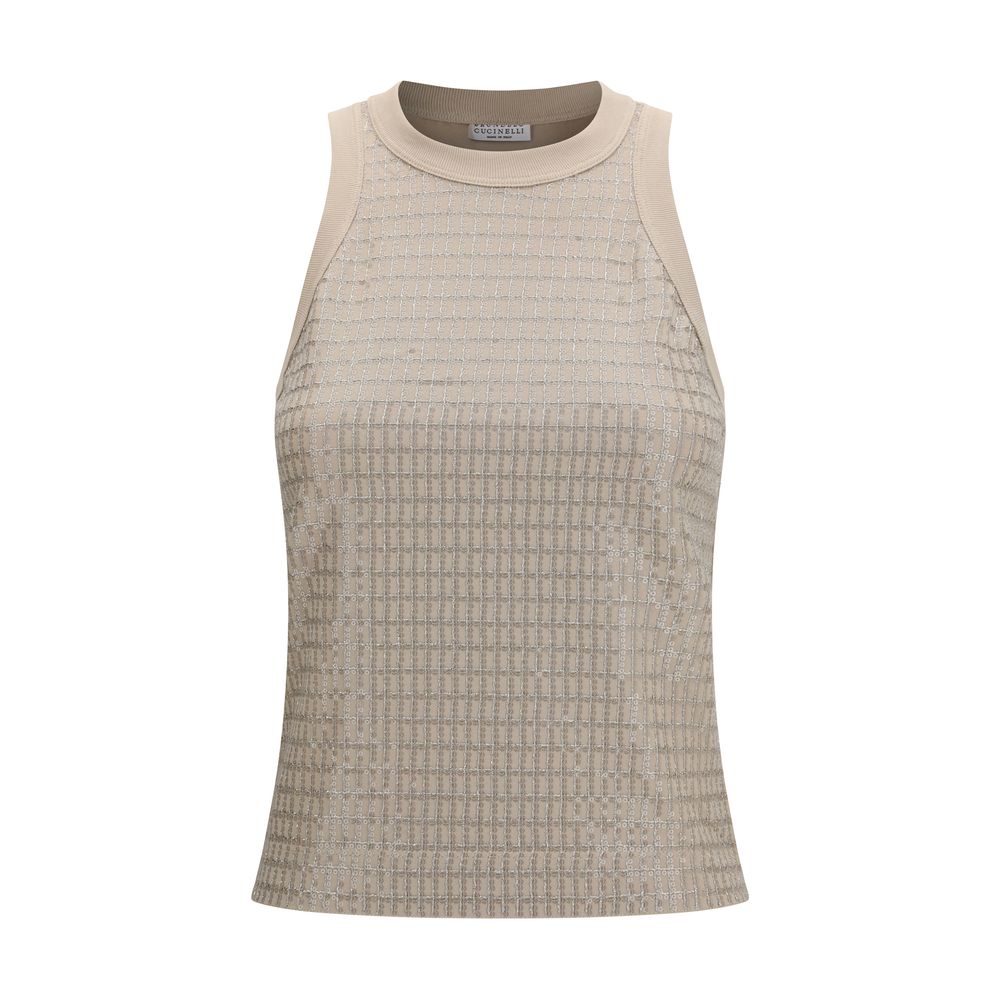 Brunello Cucinelli Beige Cotton Sleeveles T-Shirt