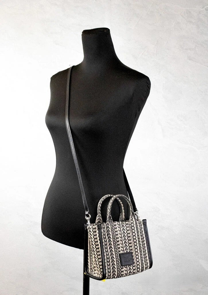 Marc Jacobs The Monogram Beige Mini Tote Woven Jacquard Canvas Crossbody Handbag