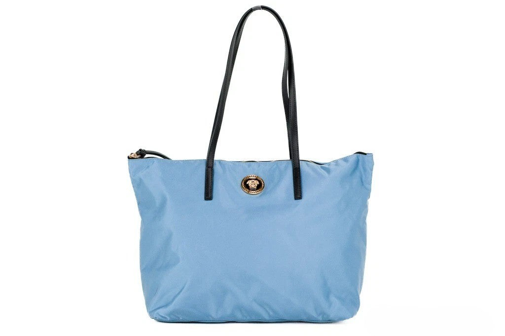 Versace Portuna Medusa Medium Cornflower Blue Nylon Leather Tote Bag Purse
