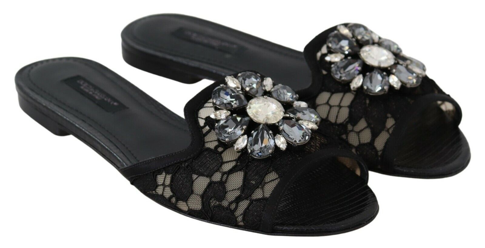 Dolce & Gabbana Κομψά μαύρα δαντελένια μουλάρια με λεπτομέρεια από λουλούδι κόσμημα