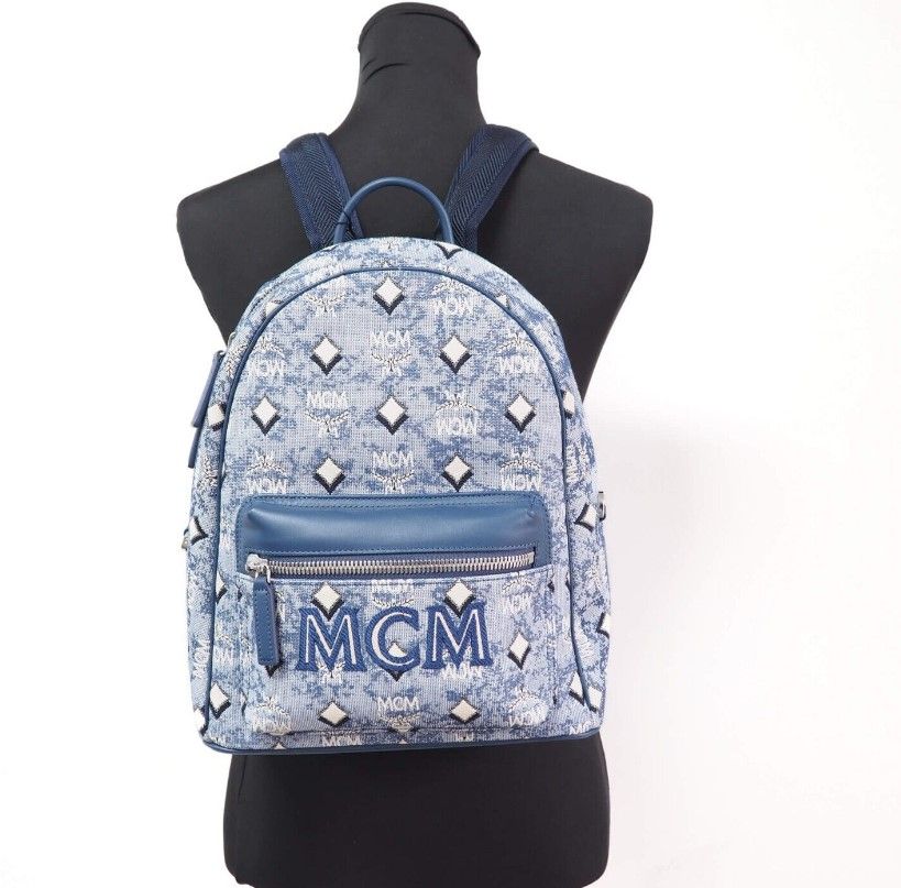 MCM Stark Small Blue Vintage Jacquard Monogram υφασμάτινο σακίδιο τσάντας πλάτης
