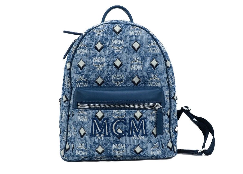 MCM Stark Small Blue Vintage Jacquard Monogram υφασμάτινο σακίδιο τσάντας πλάτης