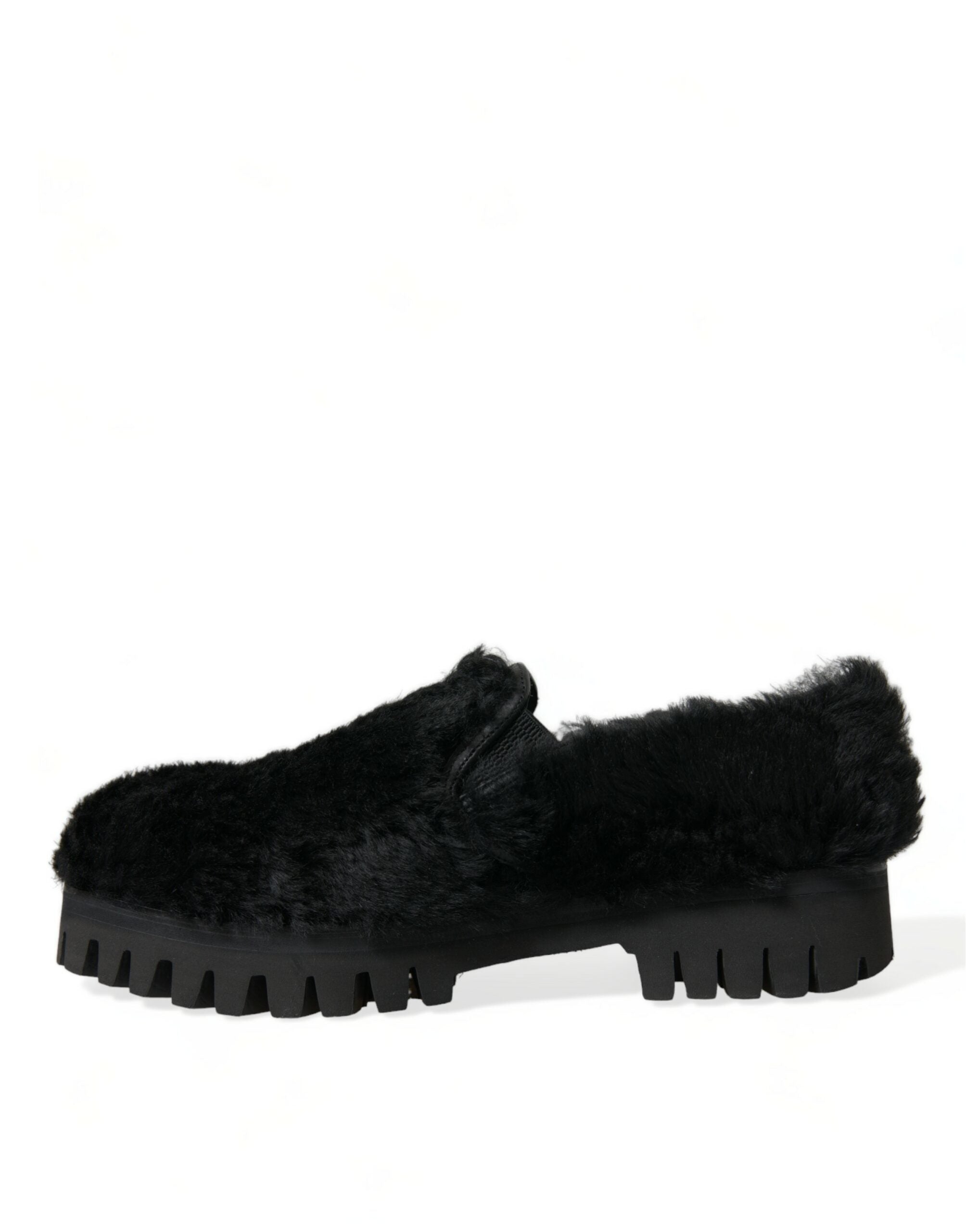 Dolce & Gabbana Elegant Black Fur Slip On Loafers για άνδρες