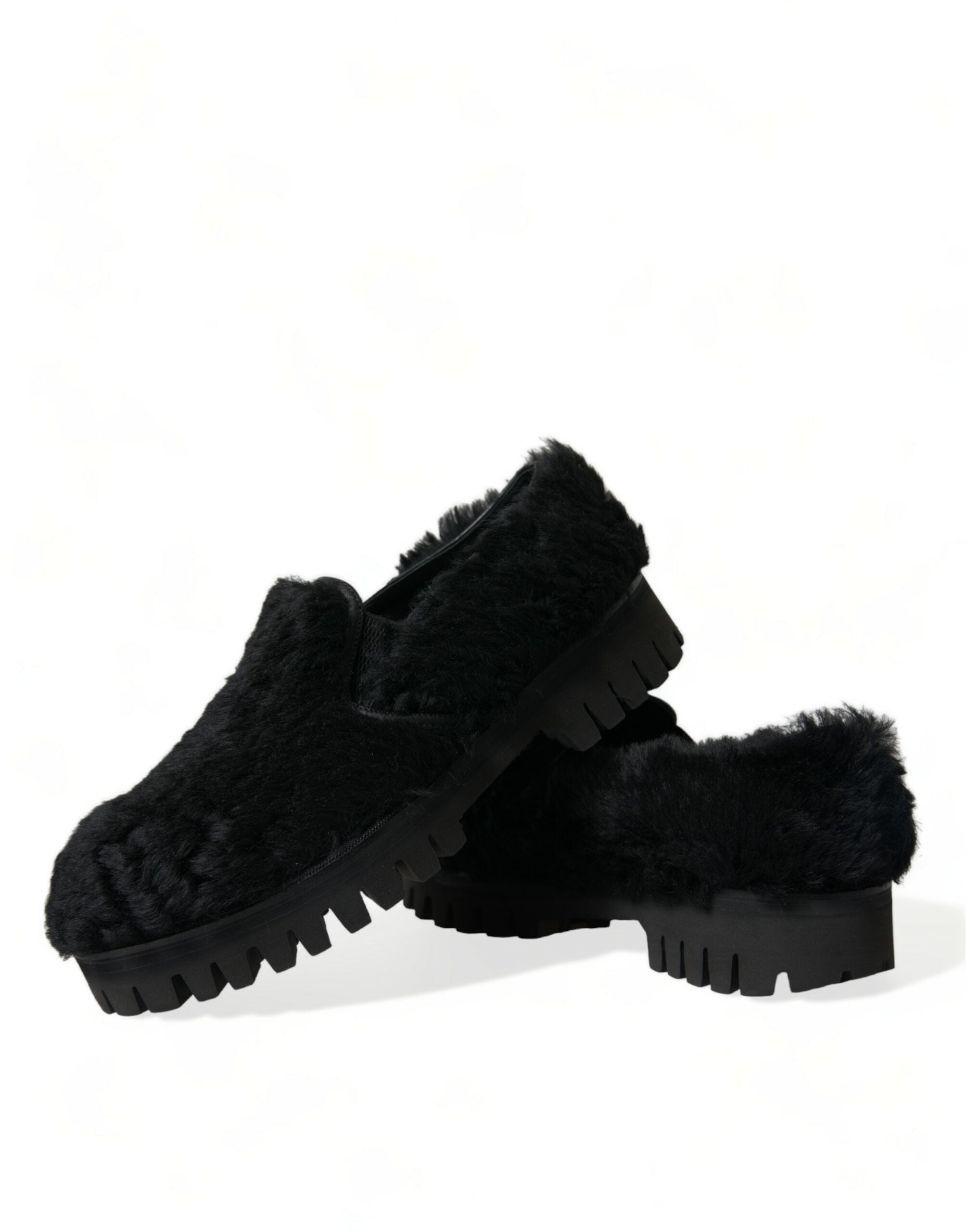 Dolce & Gabbana Elegant Black Fur Slip On Loafers για άνδρες