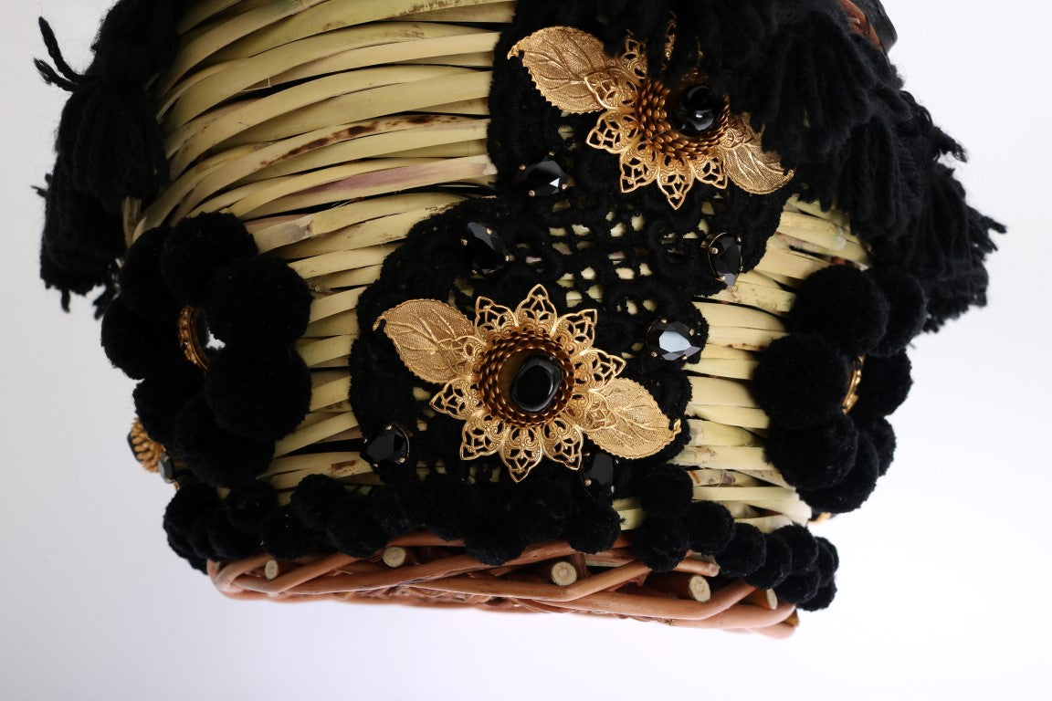 Τσάντα Dolce & Gabbana Chic Beige & Black Straw Snakeskin Bucket Bag