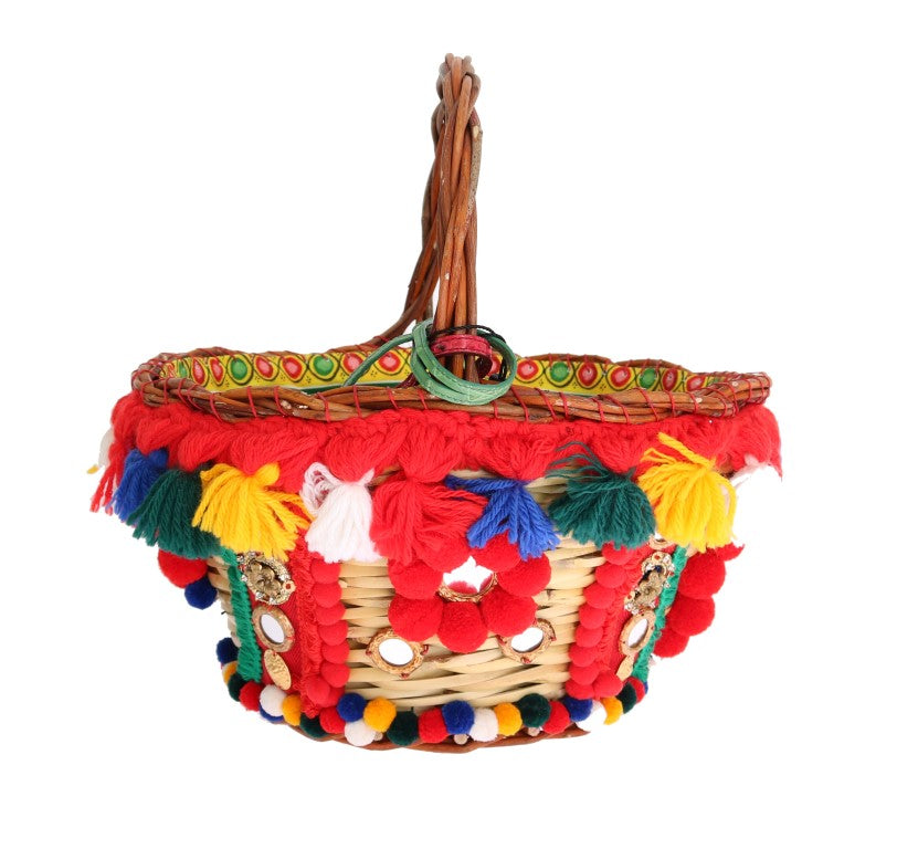 Dolce & Gabbana Κομψό μπεζ άχυρο και εξωτικά δέρματα Pom Pom Tote