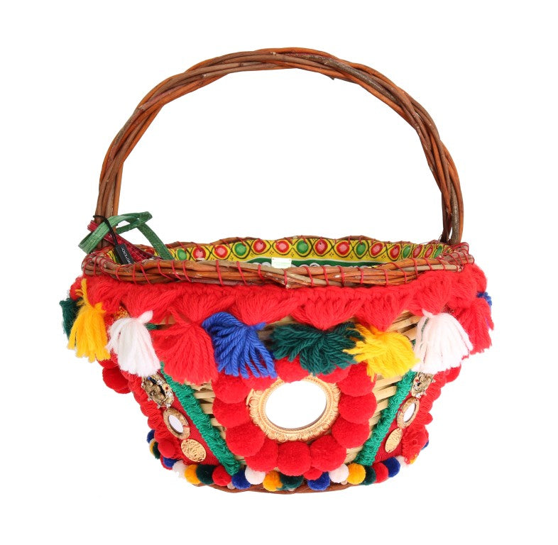 Dolce & Gabbana Κομψό μπεζ άχυρο και εξωτικά δέρματα Pom Pom Tote