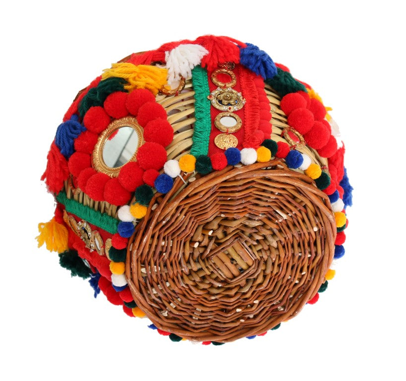 Dolce & Gabbana Κομψό μπεζ άχυρο και εξωτικά δέρματα Pom Pom Tote