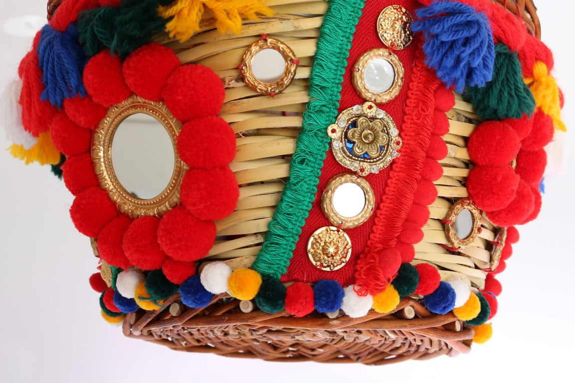 Dolce & Gabbana Κομψό μπεζ άχυρο και εξωτικά δέρματα Pom Pom Tote