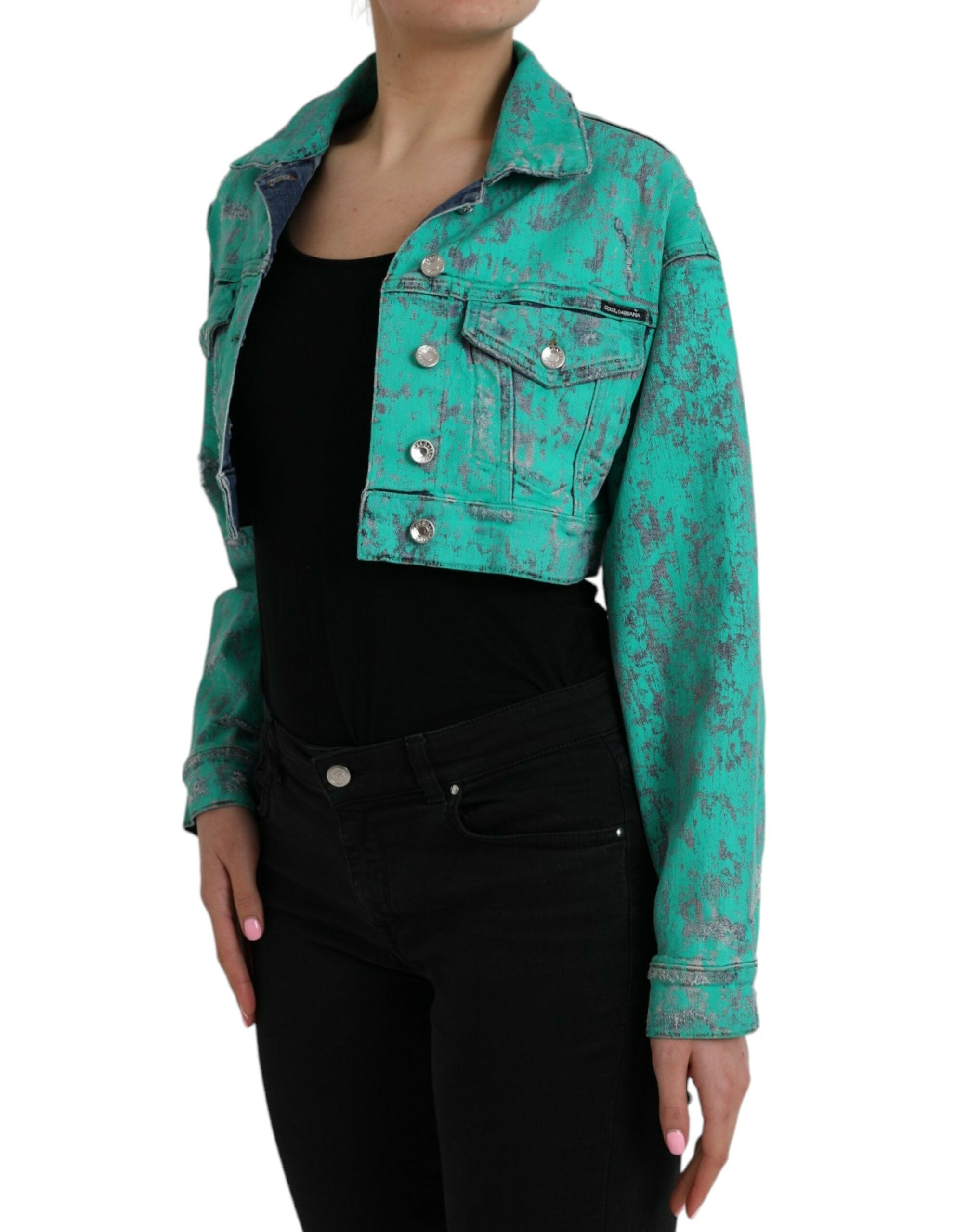 Dolce & Gabbana Green Cotton Tie Dye Cropped Cropped Τζιν μπουφάν