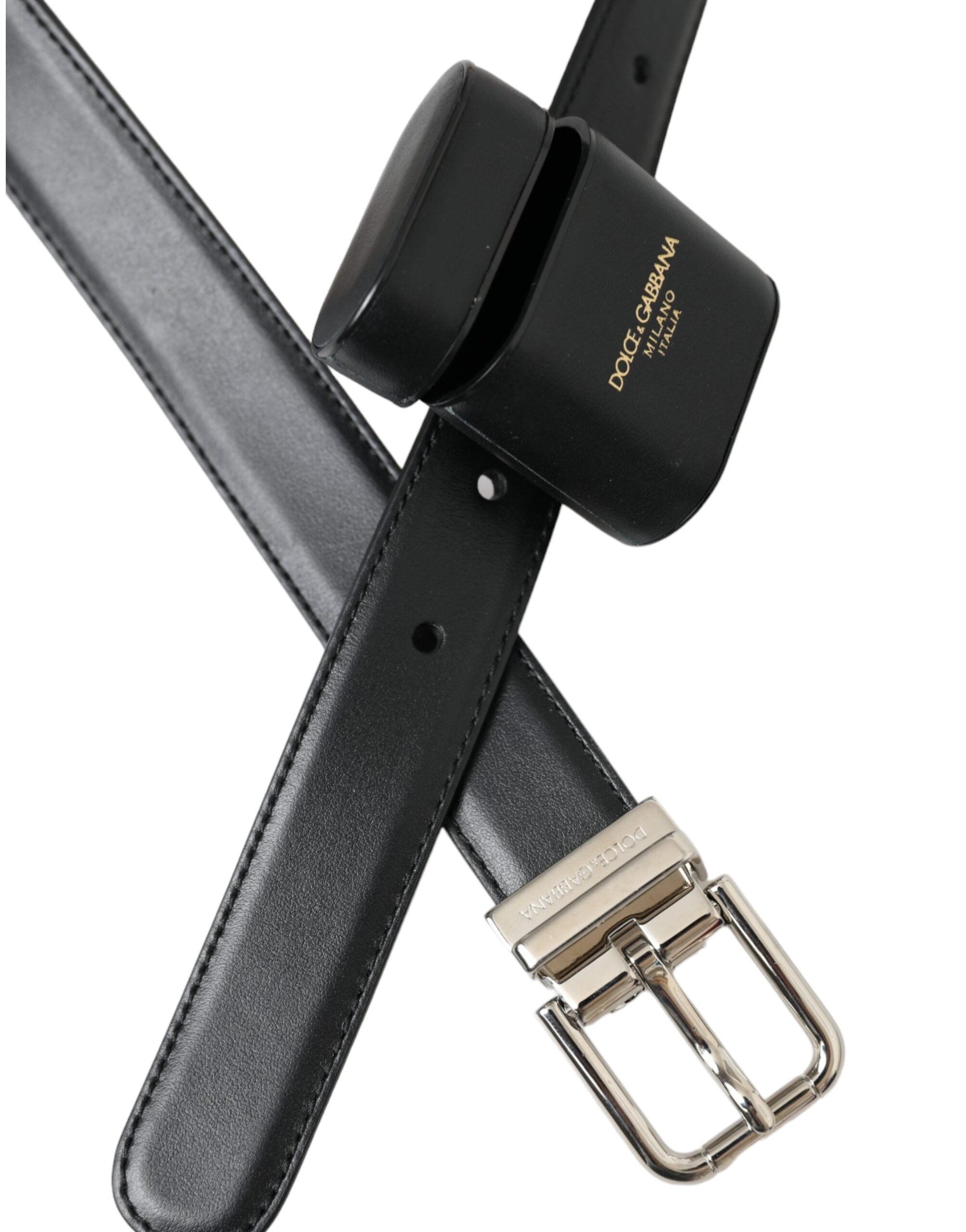Dolce & Gabbana Μαύρη δερμάτινη θήκη Airpods Ασημένια ζώνη πόρπης