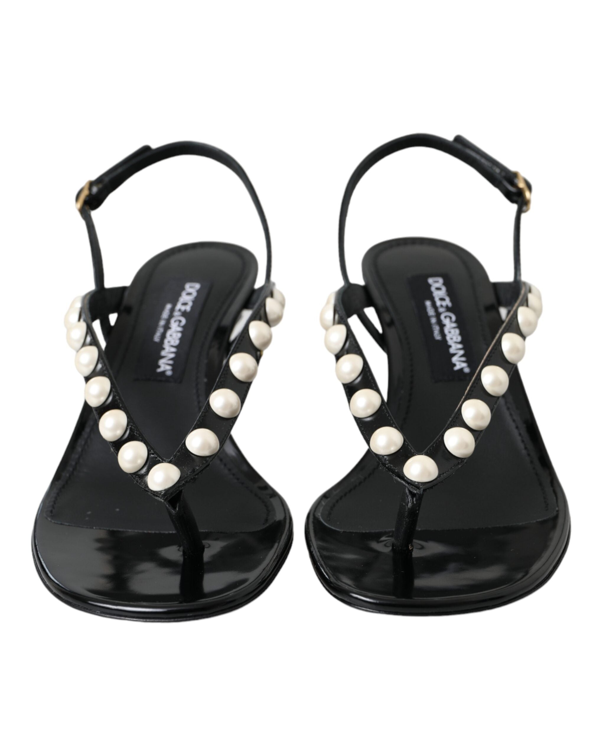 Παπούτσια Dolce & Gabbana από μαύρα δερμάτινα πέδιλα με τακούνι με πέρλες