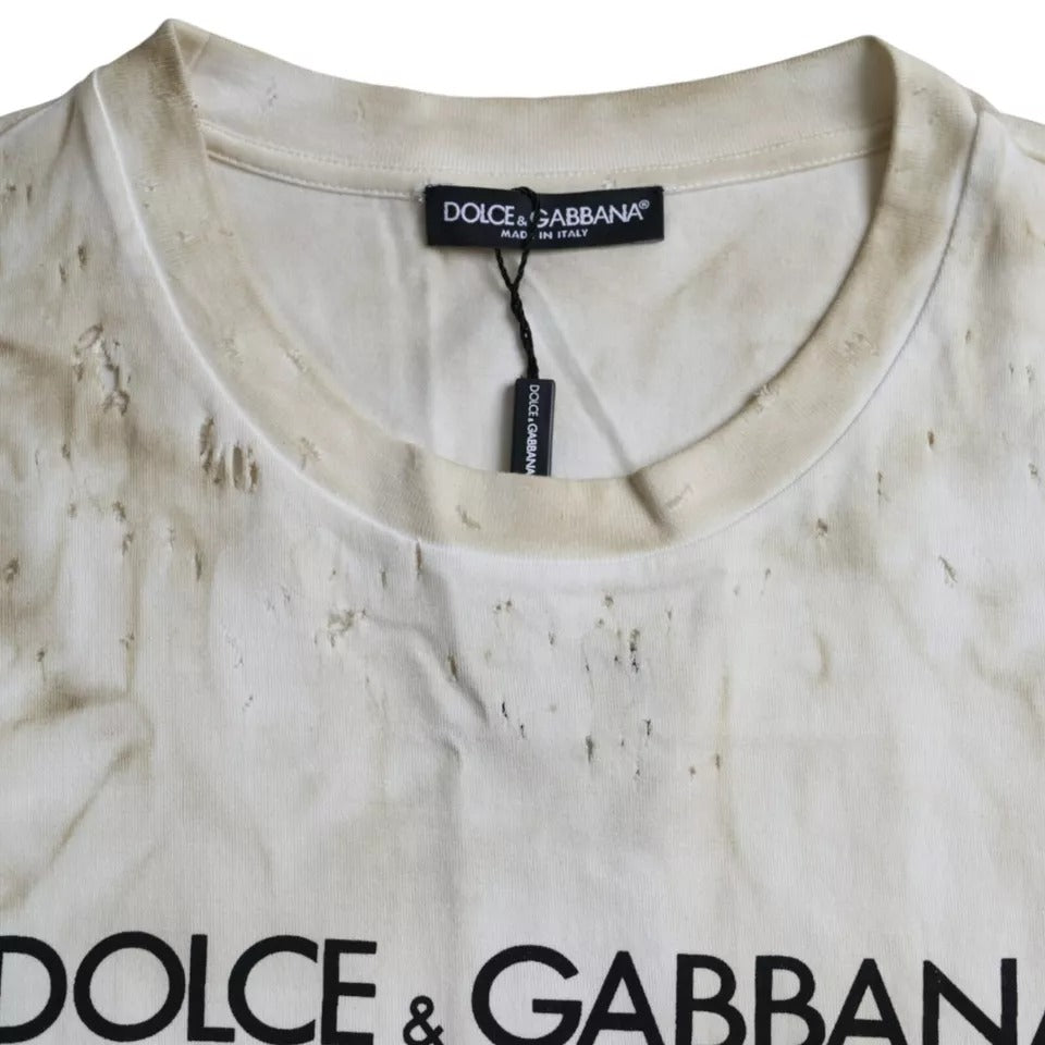 Μπλουζάκι Dolce & Gabbana Off White με λογότυπο Cotton Crew Neck
