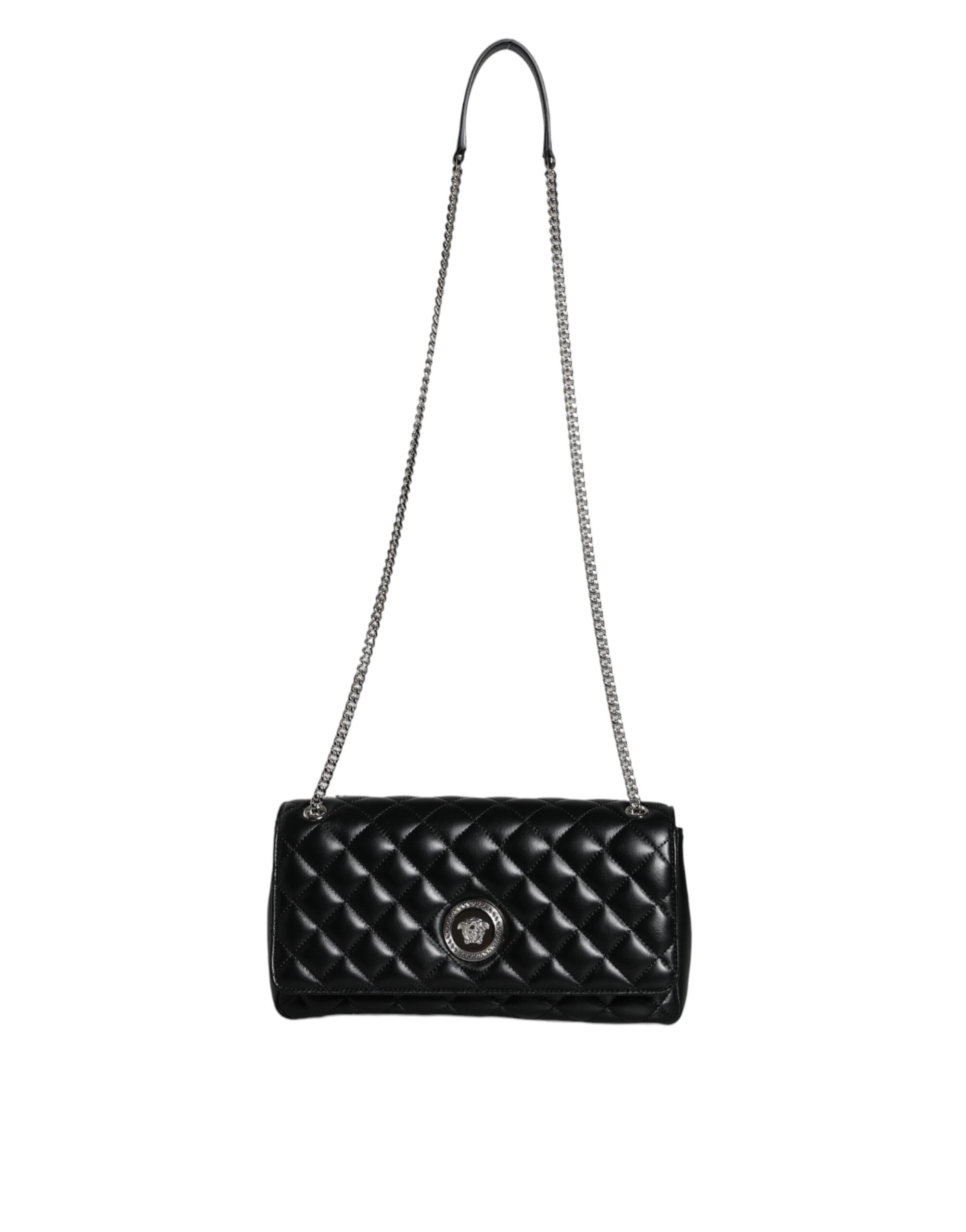 Τσάντα ώμου Versace Μαύρη Καπιτονέ Lambskin Δερμάτινη χιαστί