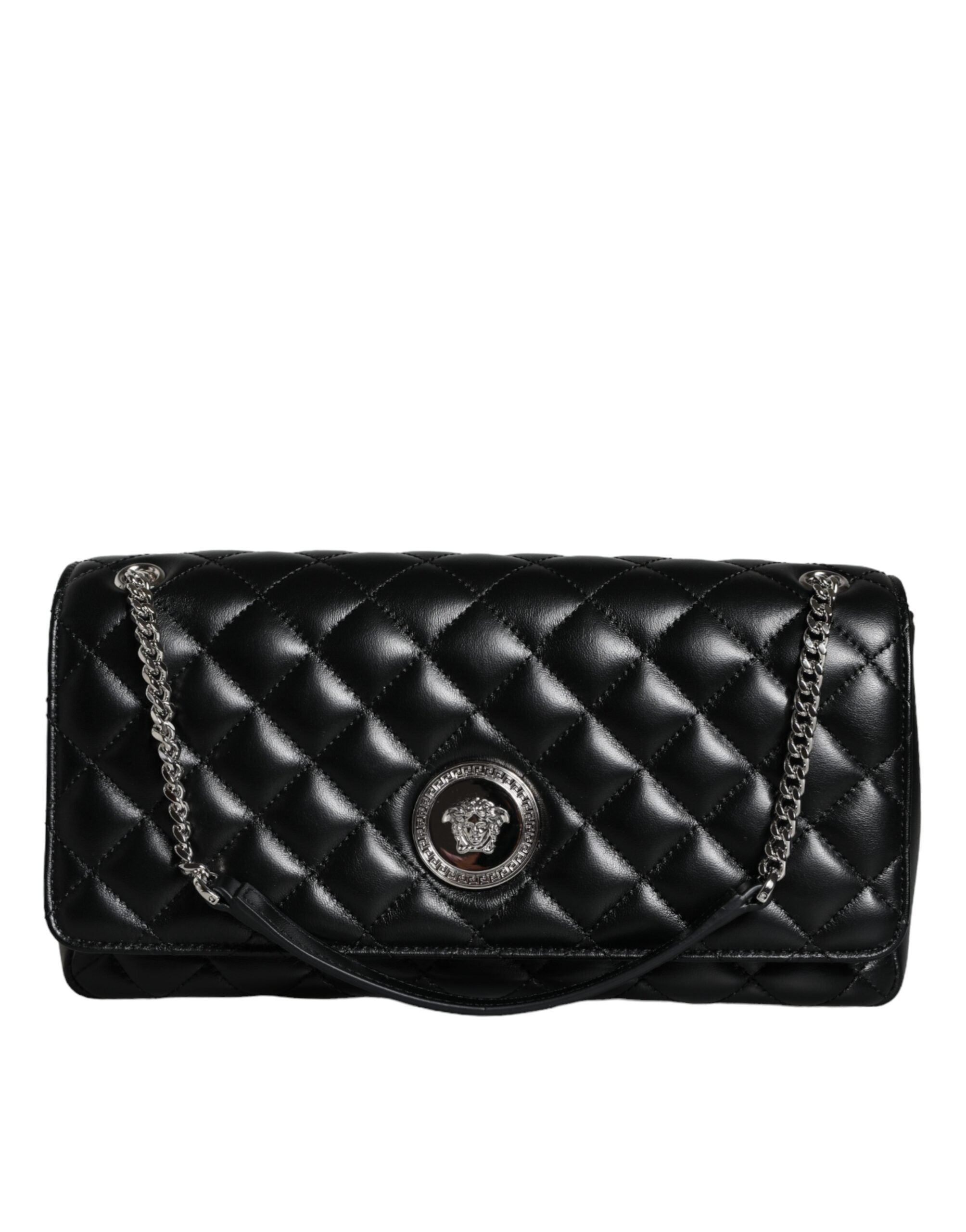 Τσάντα ώμου Versace Μαύρη Καπιτονέ Lambskin Δερμάτινη χιαστί