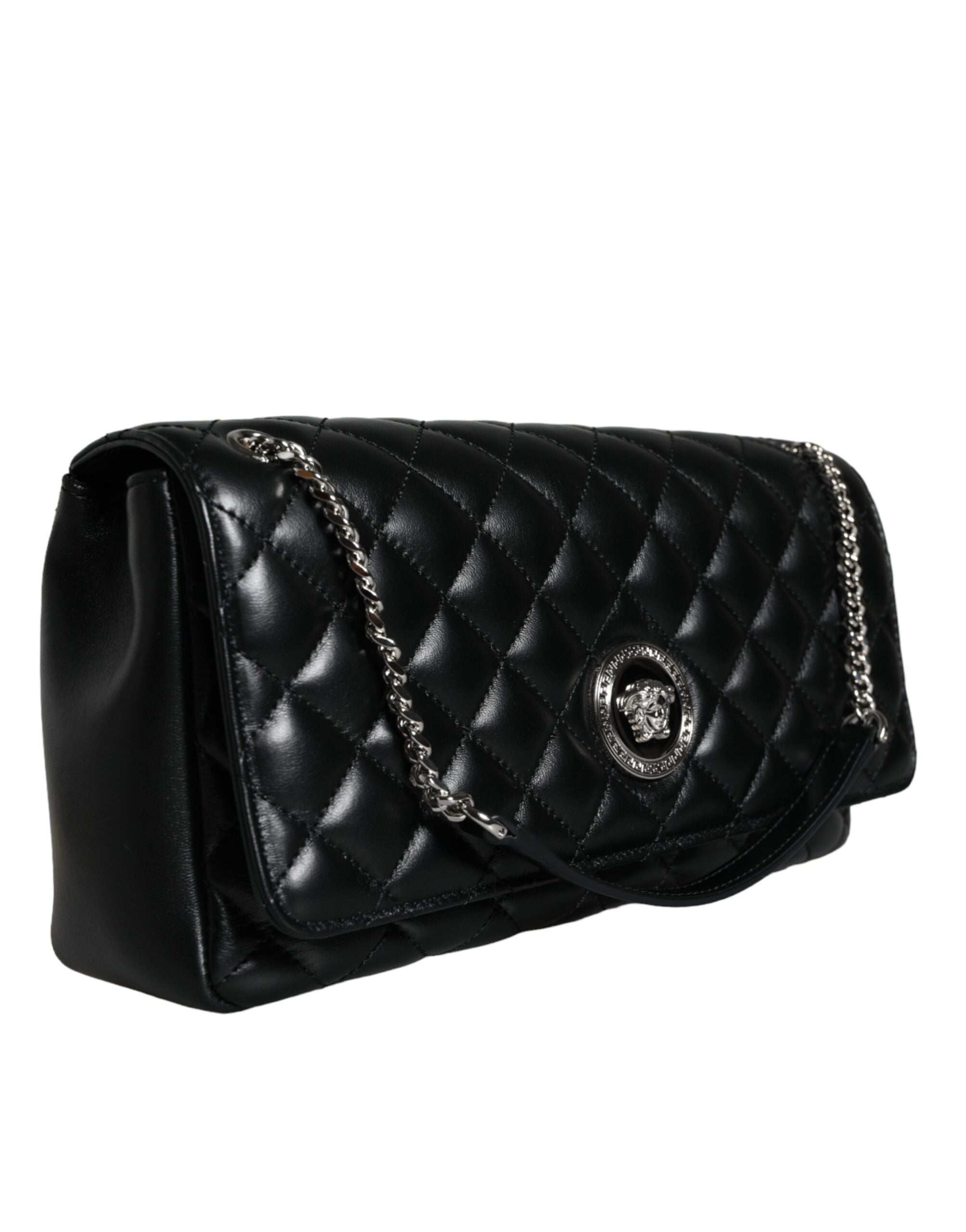 Τσάντα ώμου Versace Μαύρη Καπιτονέ Lambskin Δερμάτινη χιαστί