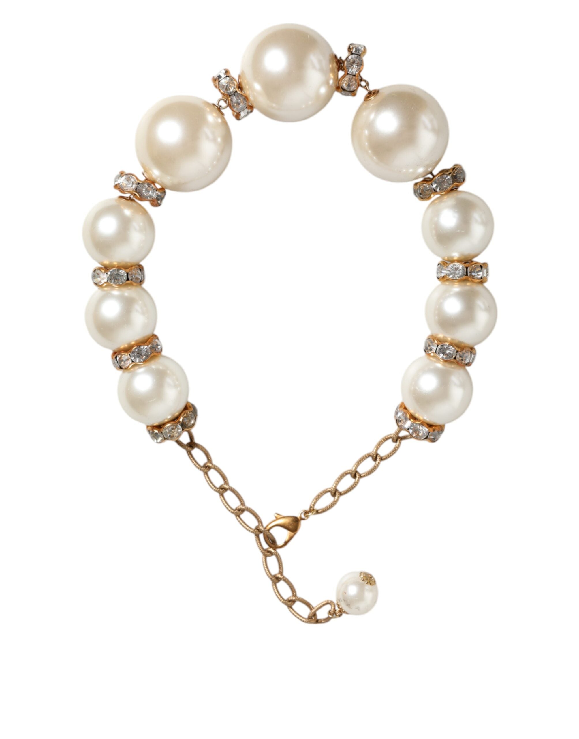 Κολιέ με χρυσή αλυσίδα Dolce & Gabbana White Maxi Faux Pearl Beads Crystals
