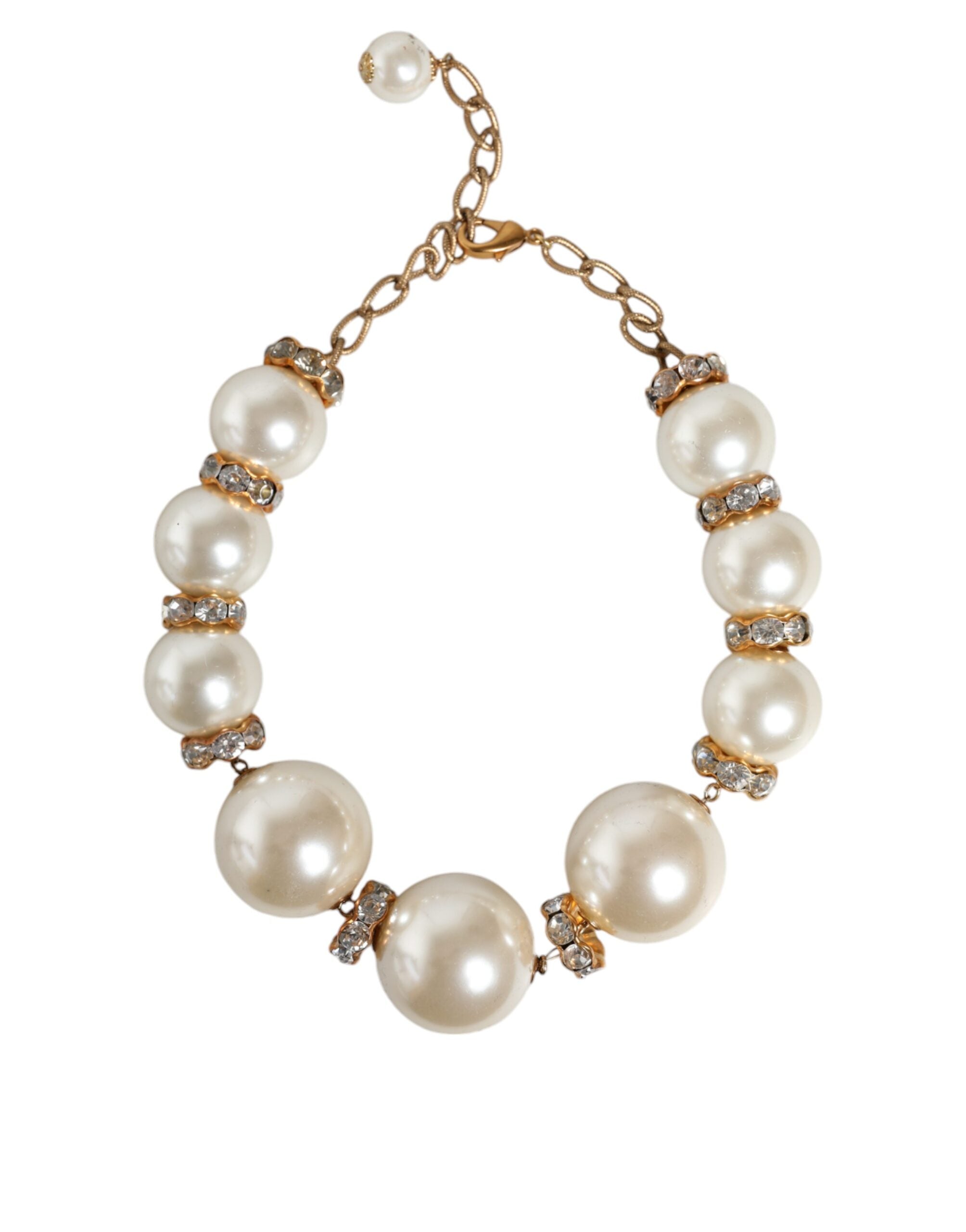 Κολιέ με χρυσή αλυσίδα Dolce & Gabbana White Maxi Faux Pearl Beads Crystals