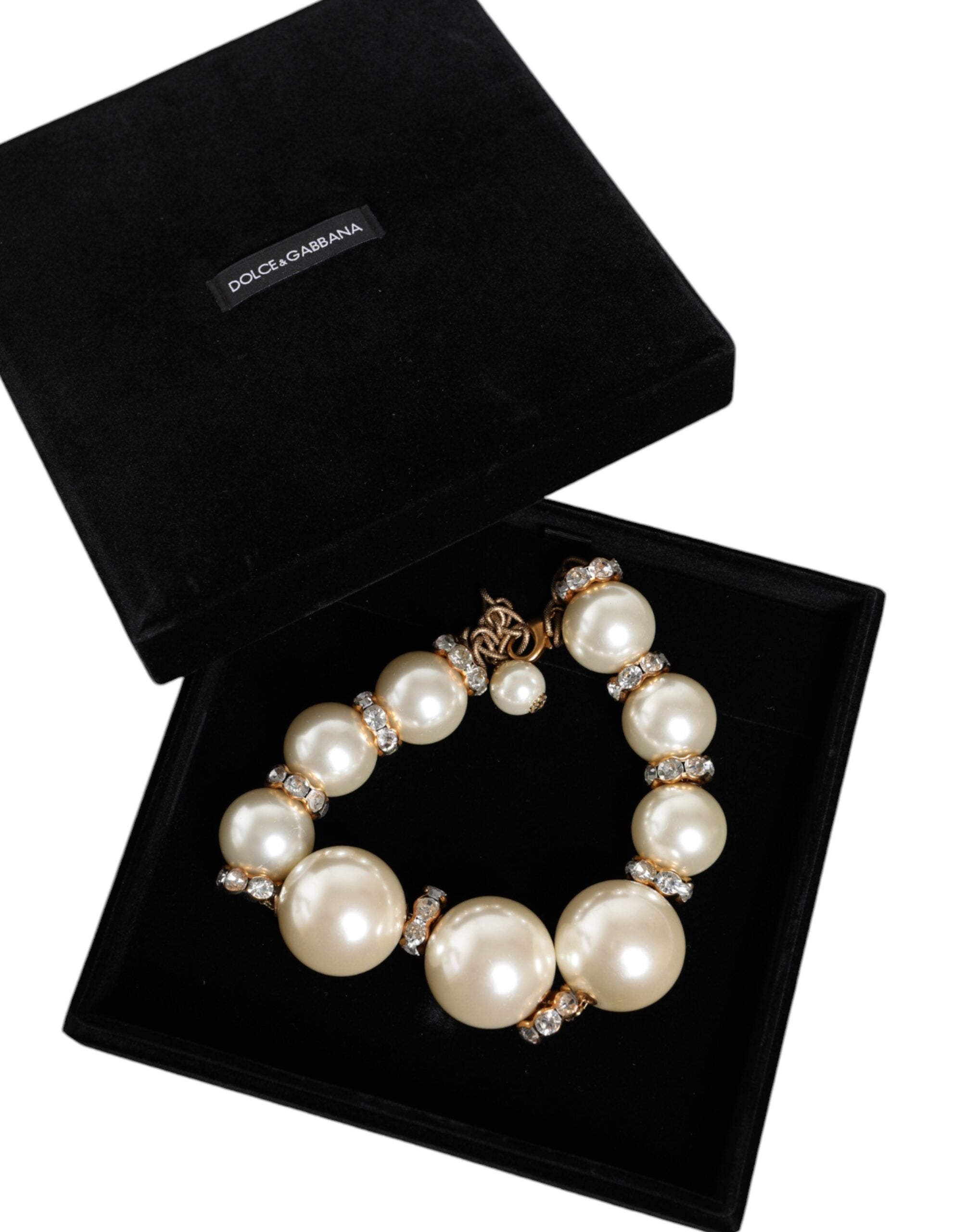 Κολιέ με χρυσή αλυσίδα Dolce & Gabbana White Maxi Faux Pearl Beads Crystals