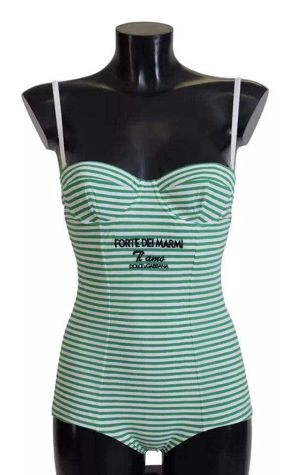 Dolce & Gabbana White Green Stripes One Piece Beachwear Μαγιό