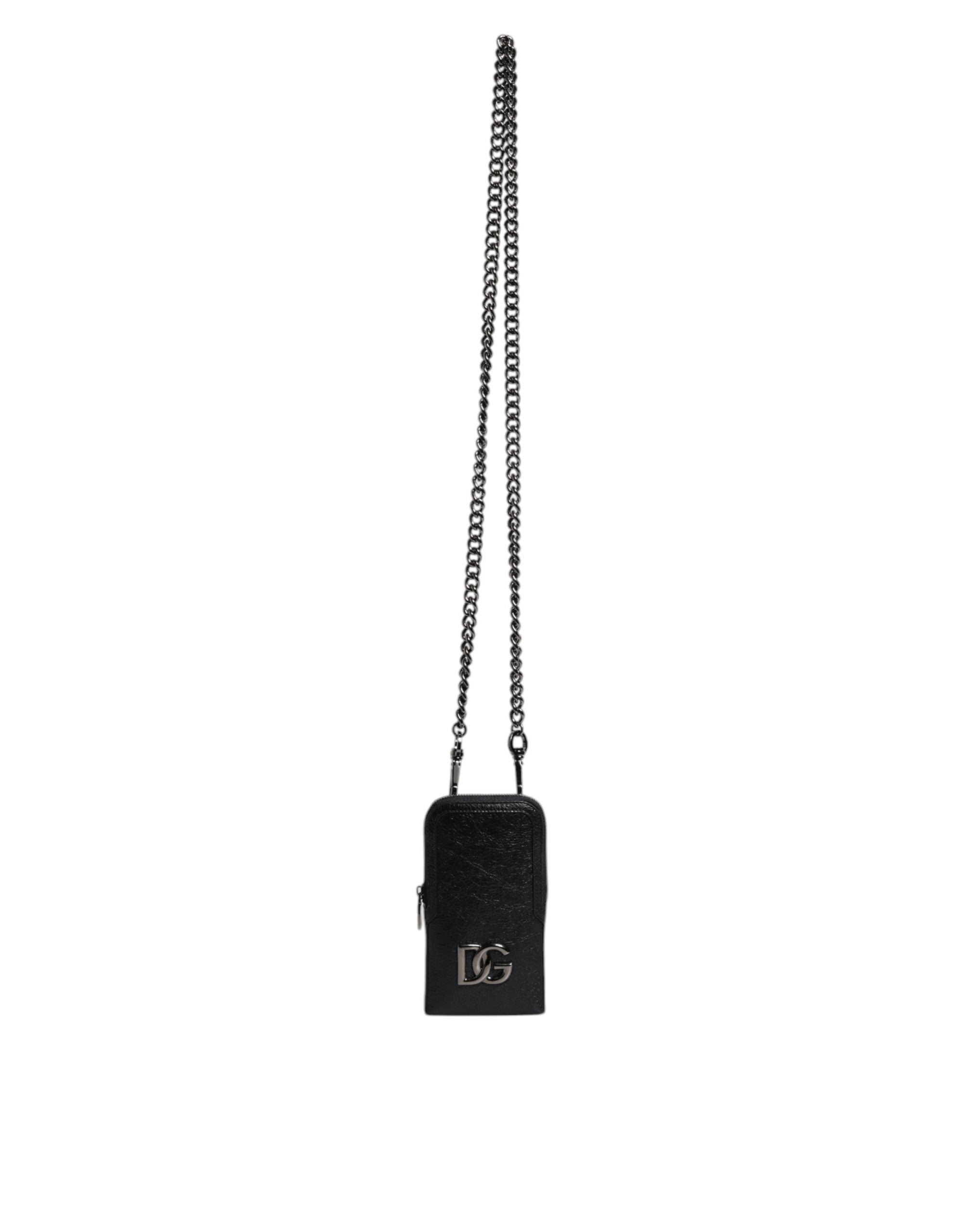 Dolce & Gabbana Μαύρο δερμάτινο πορτοφόλι χιαστί Chain Sling Phone Bag