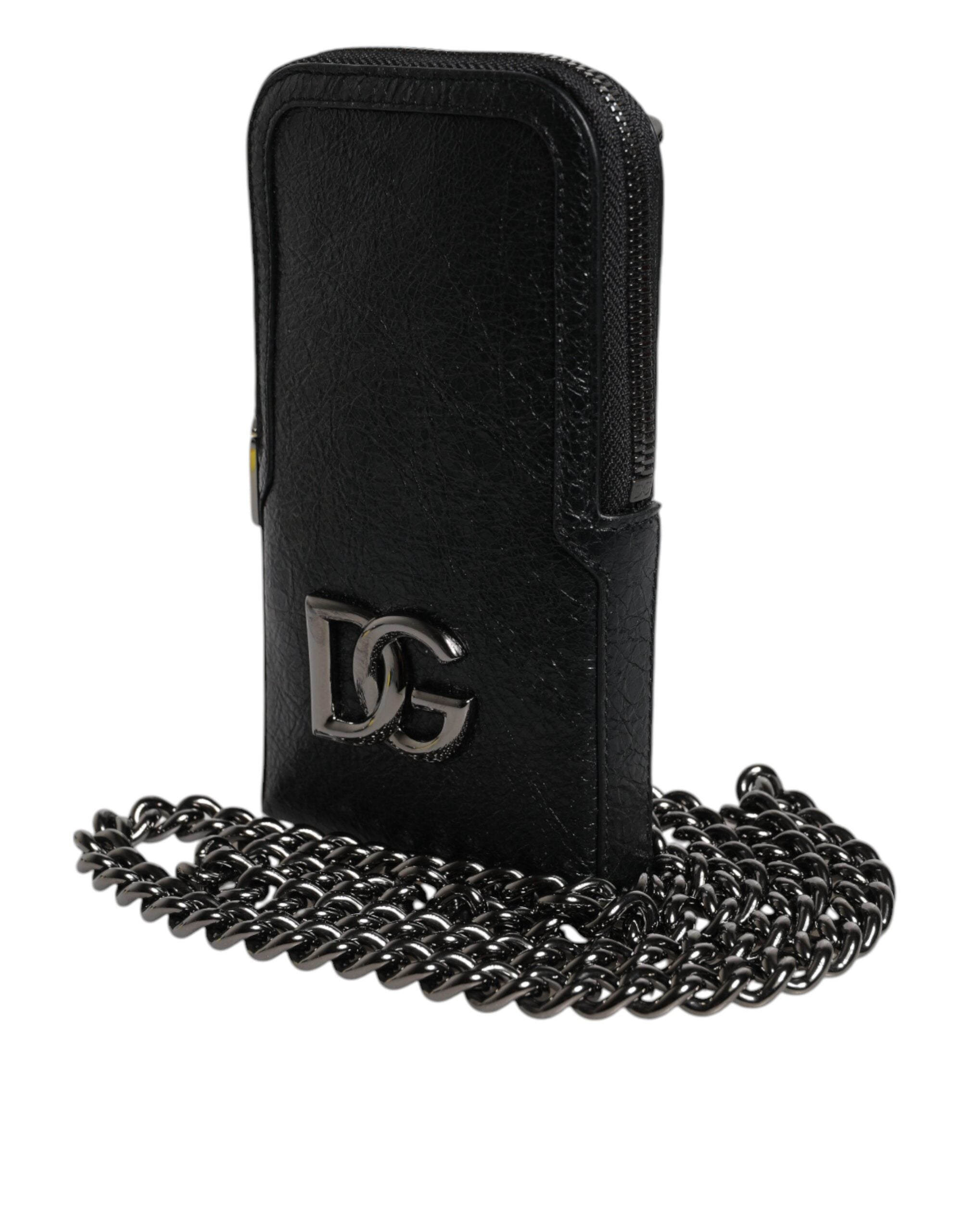 Dolce & Gabbana Μαύρο δερμάτινο πορτοφόλι χιαστί Chain Sling Phone Bag