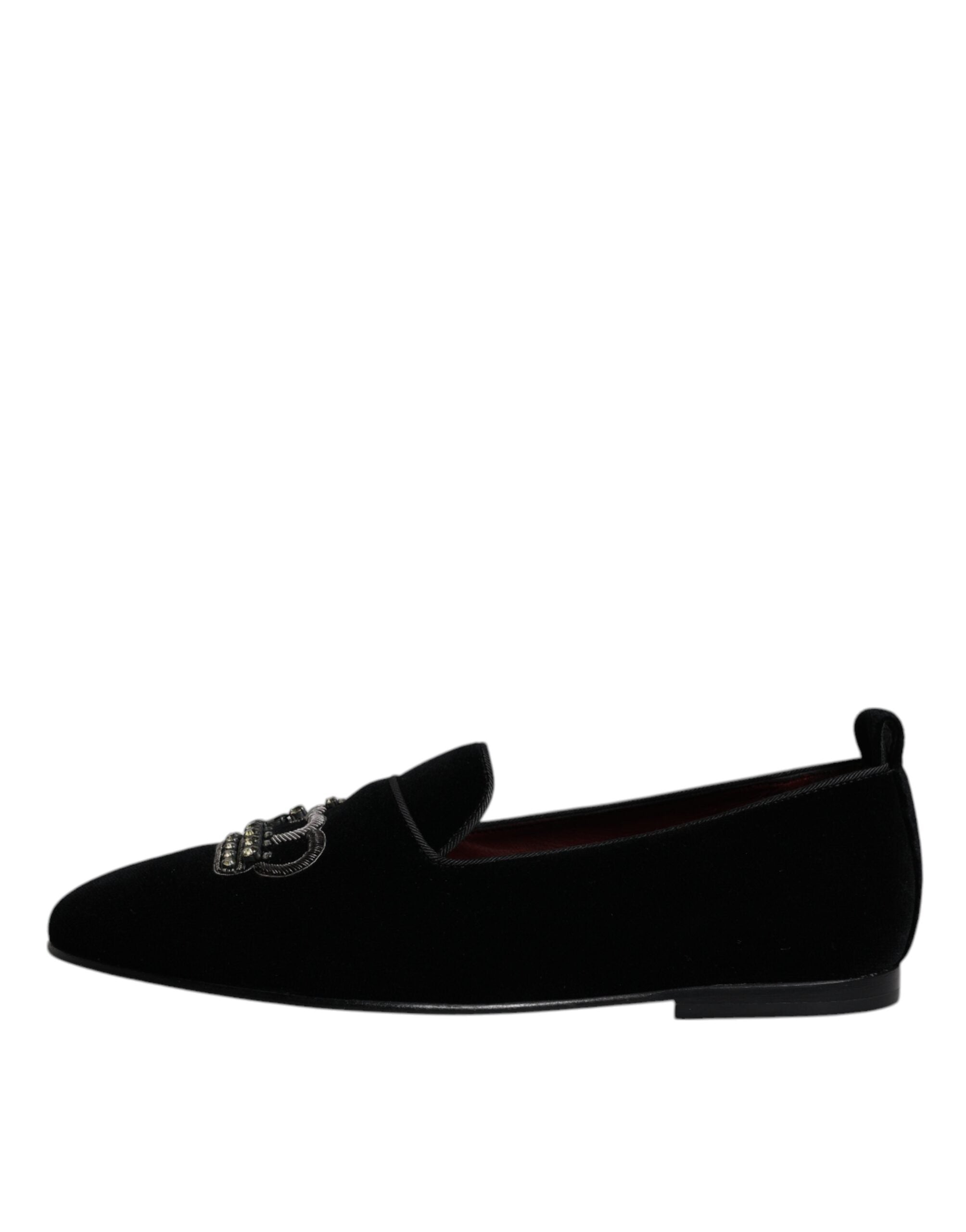 Dolce & Gabbana Μαύρο Βελούδινο Crystal Loafers Επίσημα Παπούτσια Φόρεμα