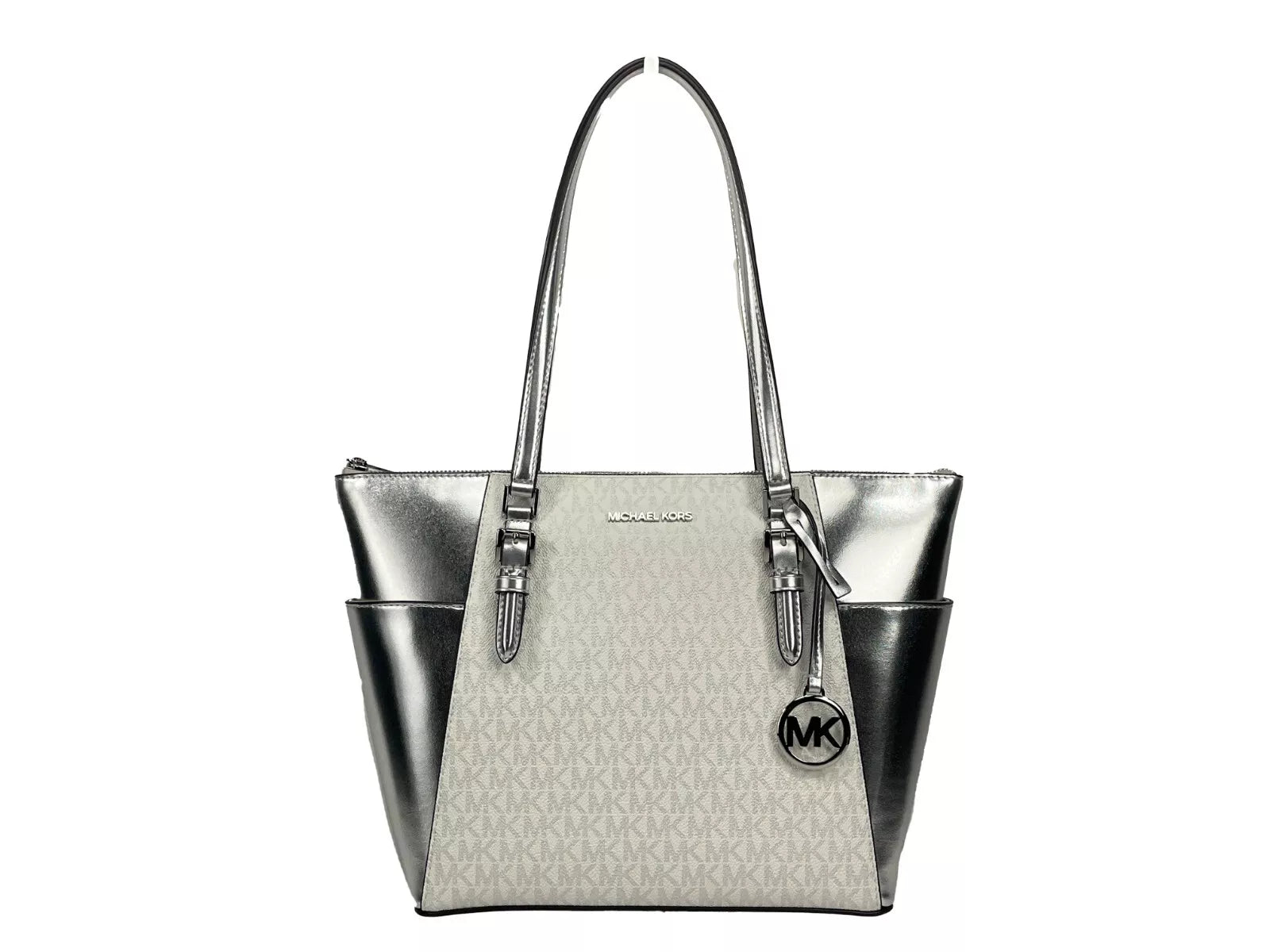 Michael Kors Charlotte Large Leather Top Tote Bag Ασημένιο τσαντάκι με φερμουάρ
