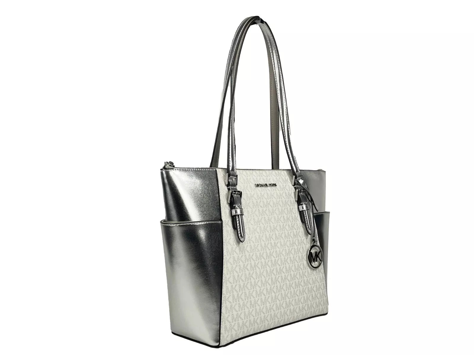 Michael Kors Charlotte Large Leather Top Tote Bag Ασημένιο τσαντάκι με φερμουάρ