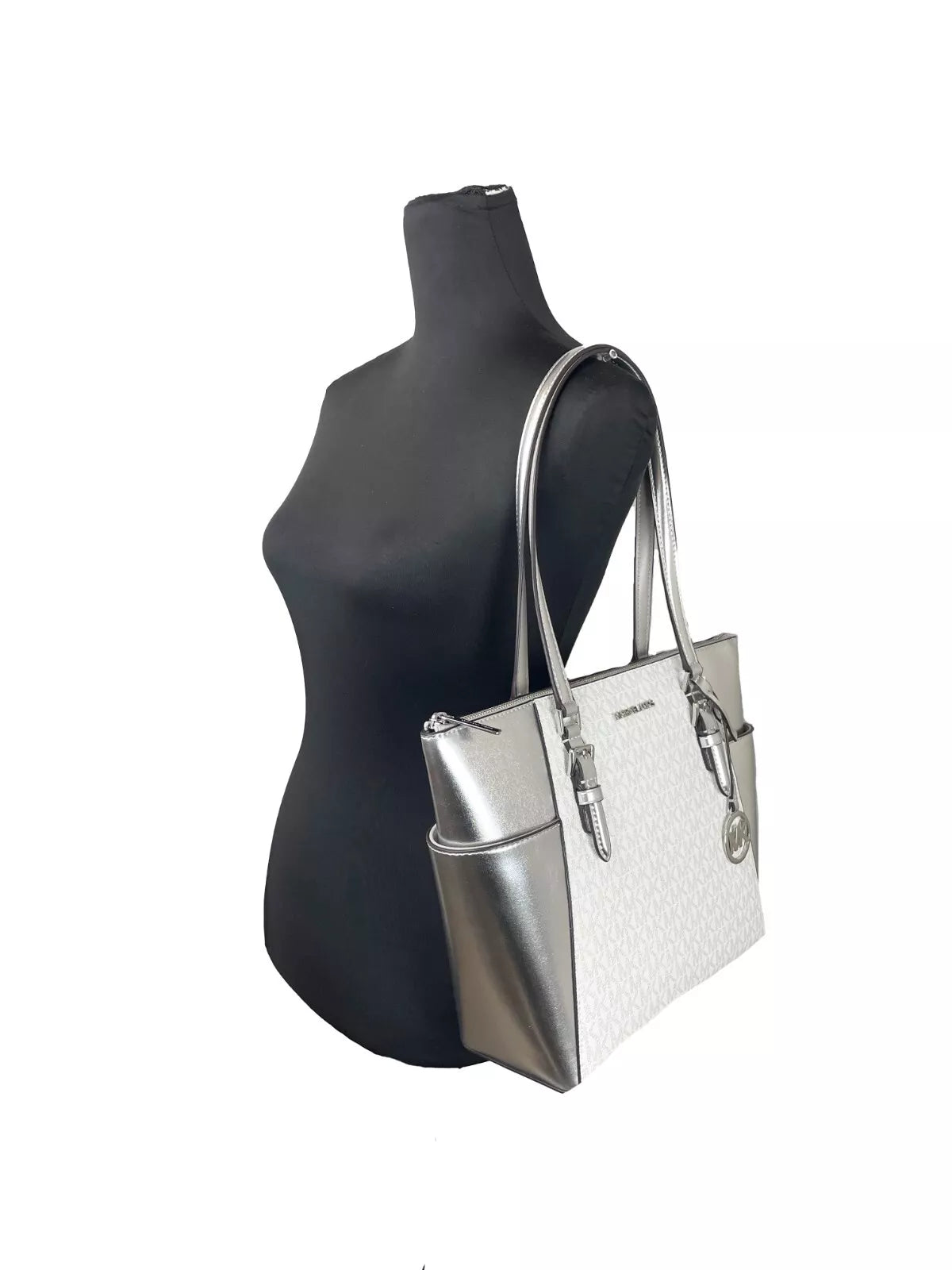 Michael Kors Charlotte Large Leather Top Tote Bag Ασημένιο τσαντάκι με φερμουάρ