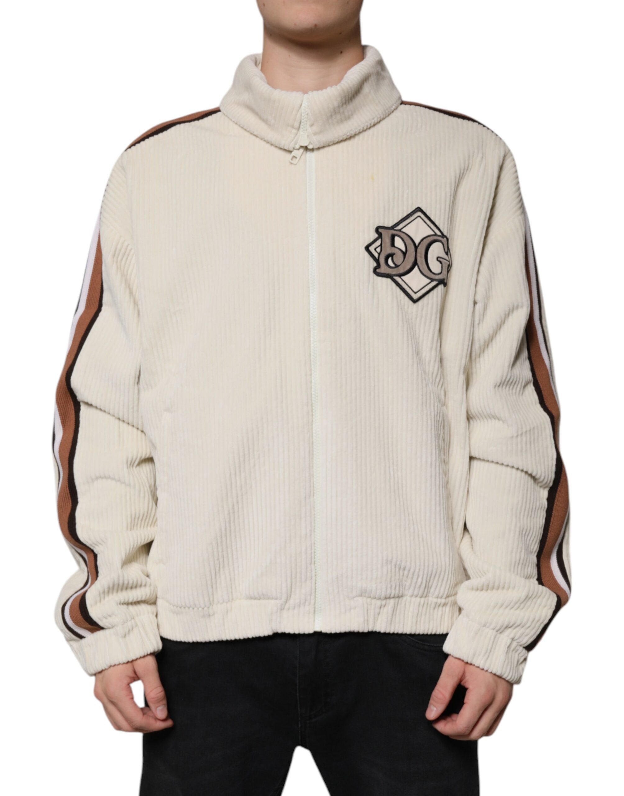 Μπουφάν Dolce & Gabbana Beige Logo απλικέ βαμβακερό κοτλέ με φερμουάρ