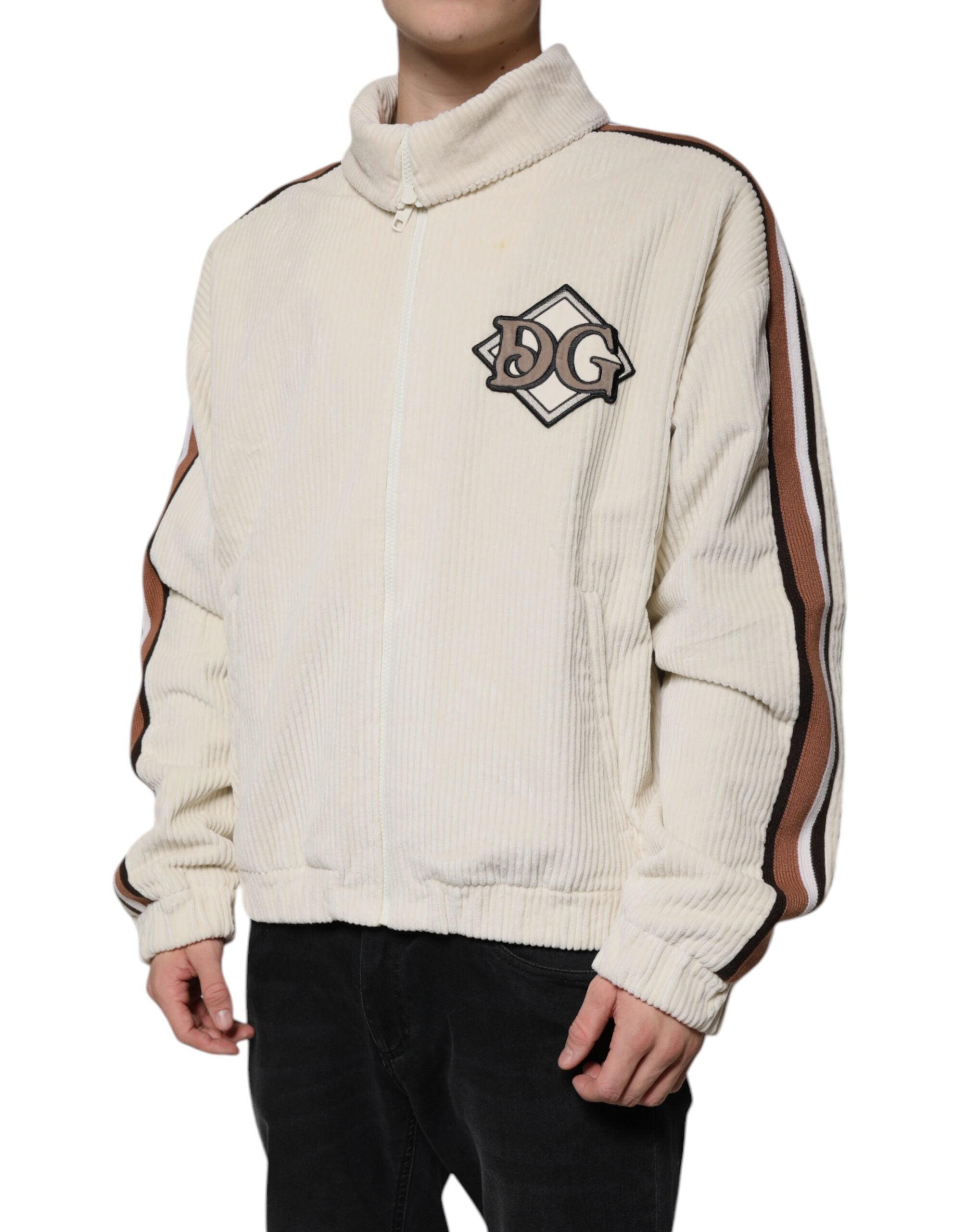 Μπουφάν Dolce & Gabbana Beige Logo απλικέ βαμβακερό κοτλέ με φερμουάρ