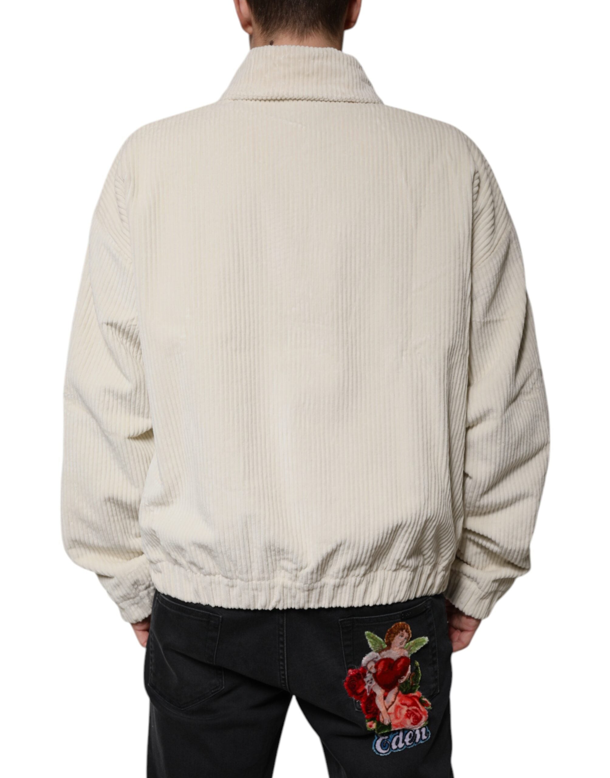 Μπουφάν Dolce & Gabbana Beige Logo απλικέ βαμβακερό κοτλέ με φερμουάρ