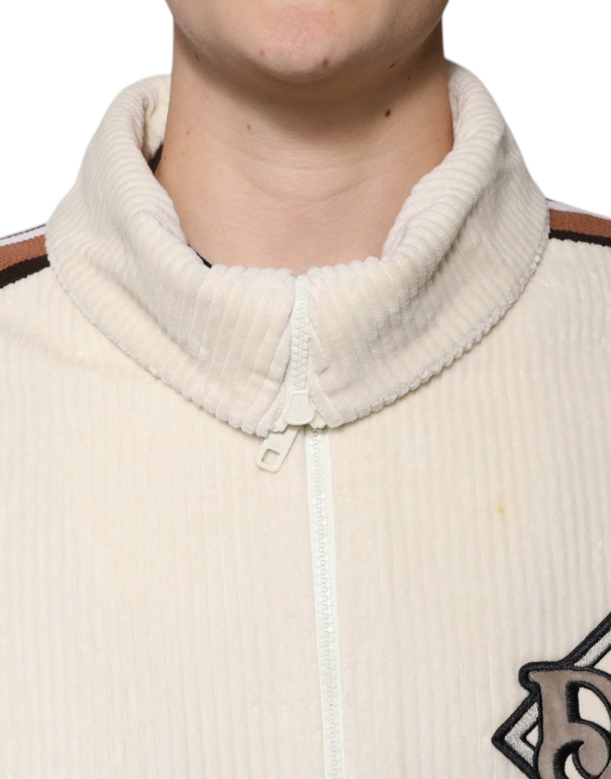 Μπουφάν Dolce & Gabbana Beige Logo απλικέ βαμβακερό κοτλέ με φερμουάρ