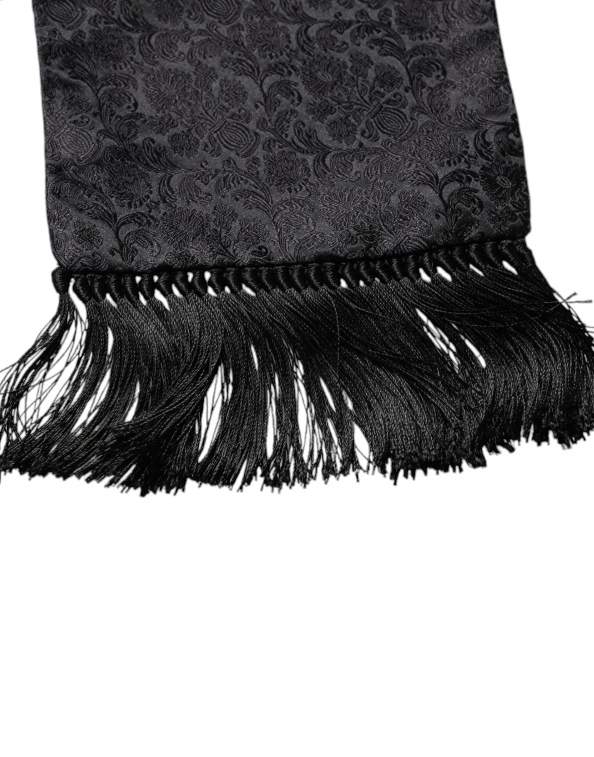 Dolce & Gabbana Black Floral Jacquard Skinny Fringes Scarf