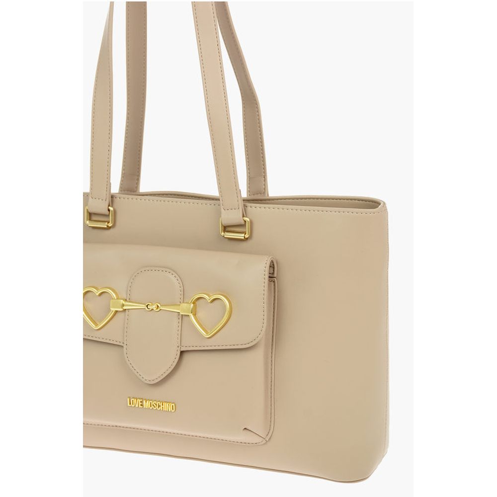 Moschino LOVE Faux Leather Maxi Front Pocket Tote Bag with Heart Clam