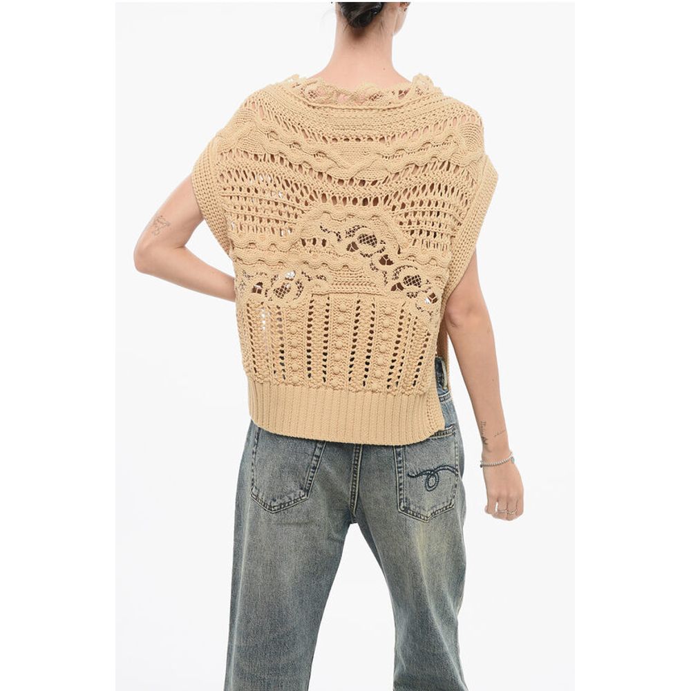 Ermanno Scervino Crochet Cotton Blend Sleeveless Sweater with Lace Detail