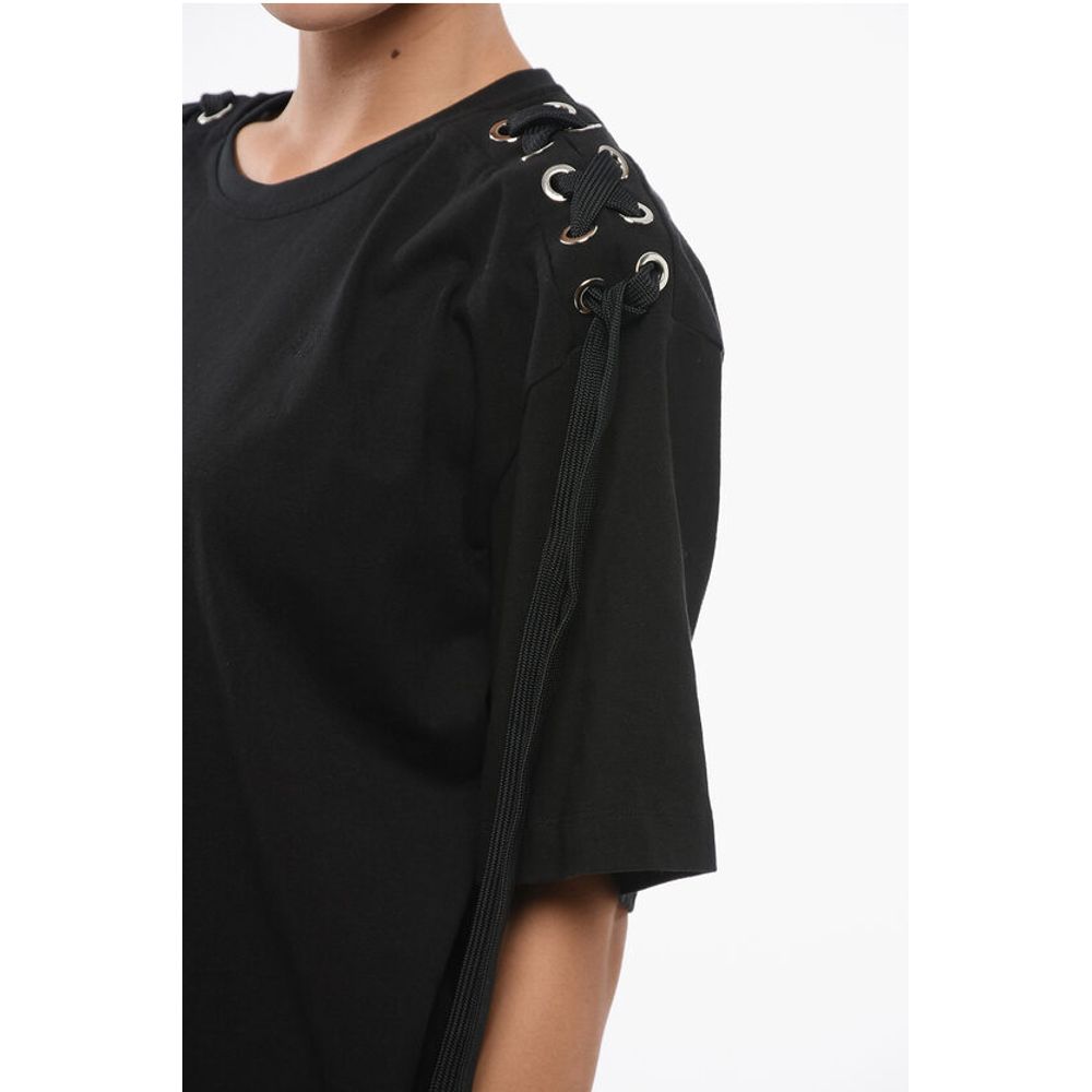 PINKO Cotton Crew-neck T-shirt with Lace Up Details