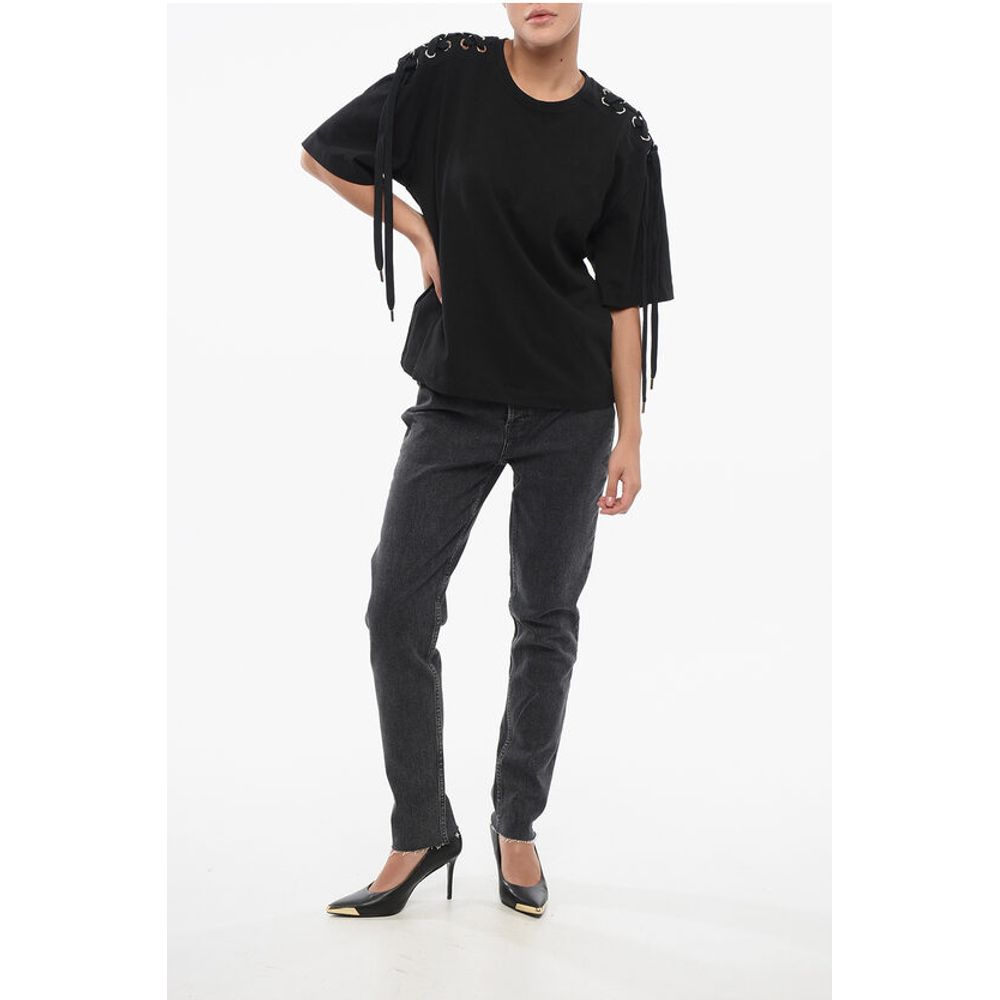 PINKO Cotton Crew-neck T-shirt with Lace Up Details