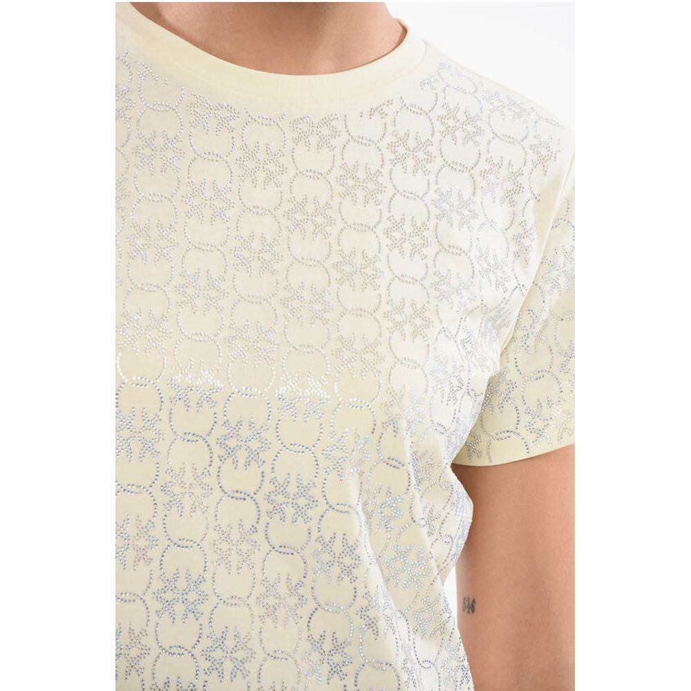 PINKO All-Over Rhinestone Cotton QUENTIN Crew-neck T-shirt