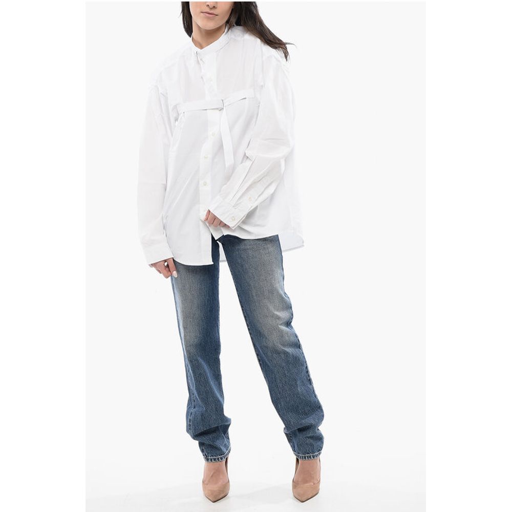 R13 Solid Color Mandarin Collar Shirt with Belt Details