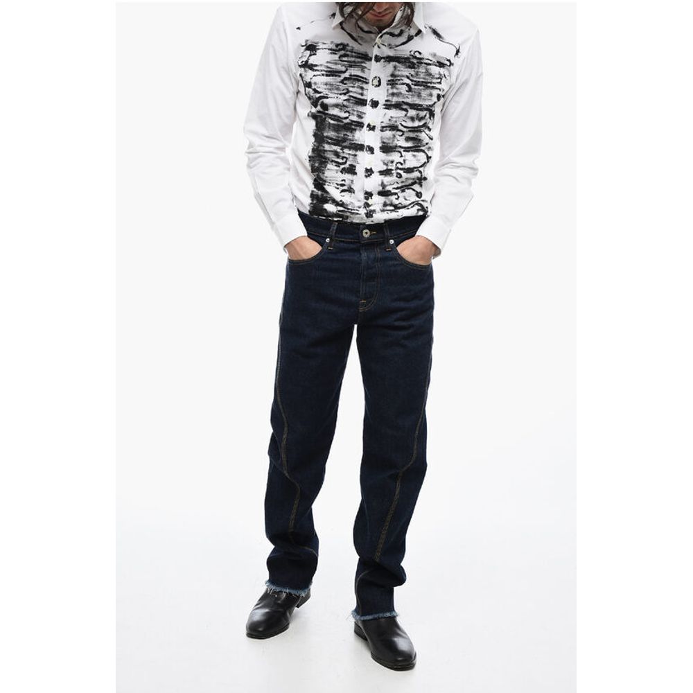Lanvin Stitch Detailing Straight Fit Denims with Fringed Hem 21cm