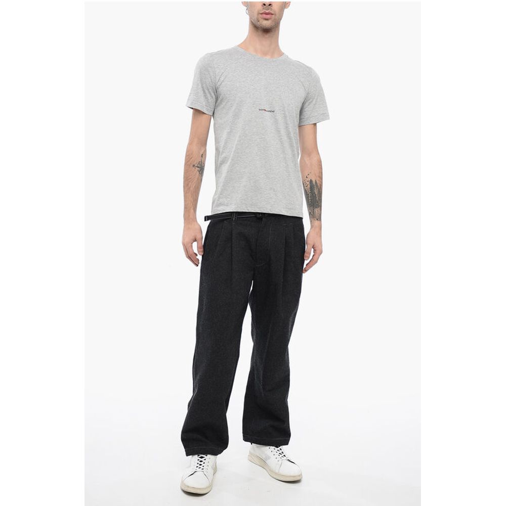 Saint Laurent Solid Color Crew-neck T-Shirt with Printed Logo