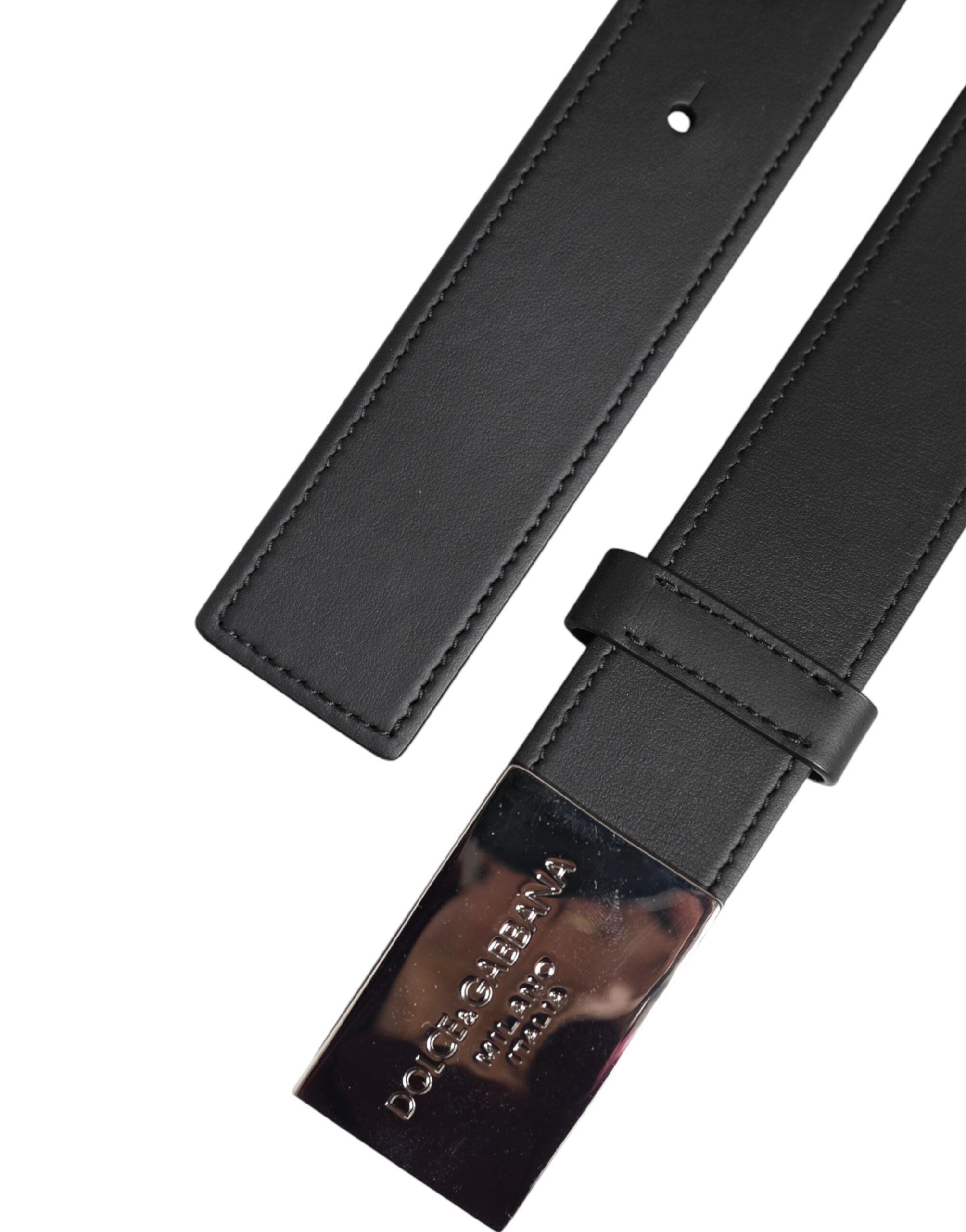 Dolce & Gabbana Black Leather Silver Metal Logo Buckle Belt