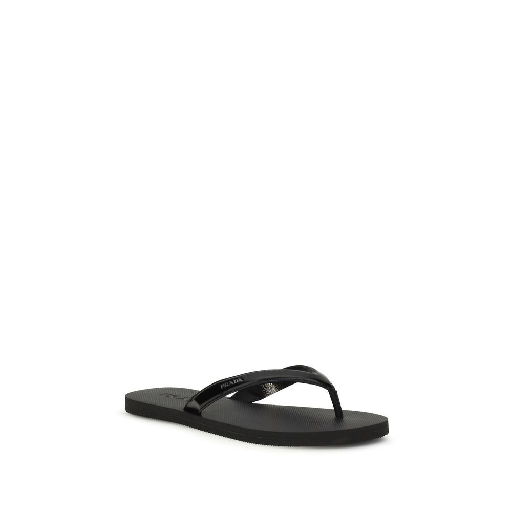 Prada Black Calf Leather Bos Taurus Flip-Flop Sandals