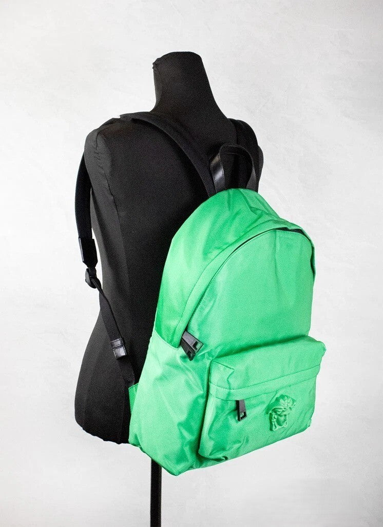 Versace Large Bright Green Nylon Fabric Medusa Shoulder Backpack Bookbag